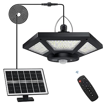 Solar Shed Light Indoor Outdoor Aqonsie Solar Powered Pandent Daytime Work Lights with 5 Lighting Modes & 3 Timers, 180LED Solar Indoor Lights Motion Sensor with Remote Control for Shed Barn Garage