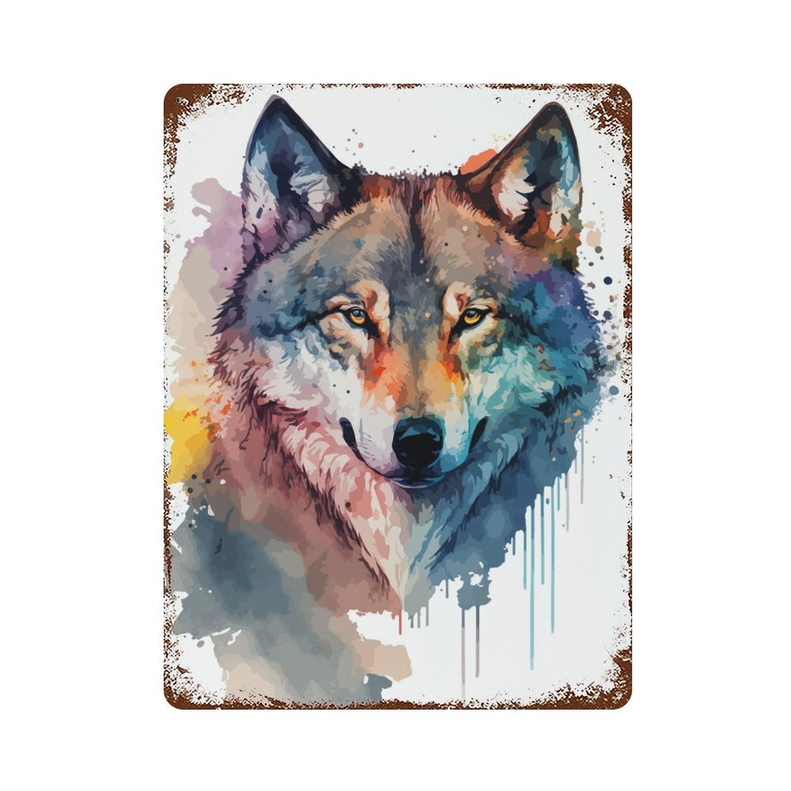 Wolf Head Watercolor 15.7"x11.8" Rusty Metal Tin Sign, Novelty Wall Decor for Cafe, Home Bar And Lounge Decor