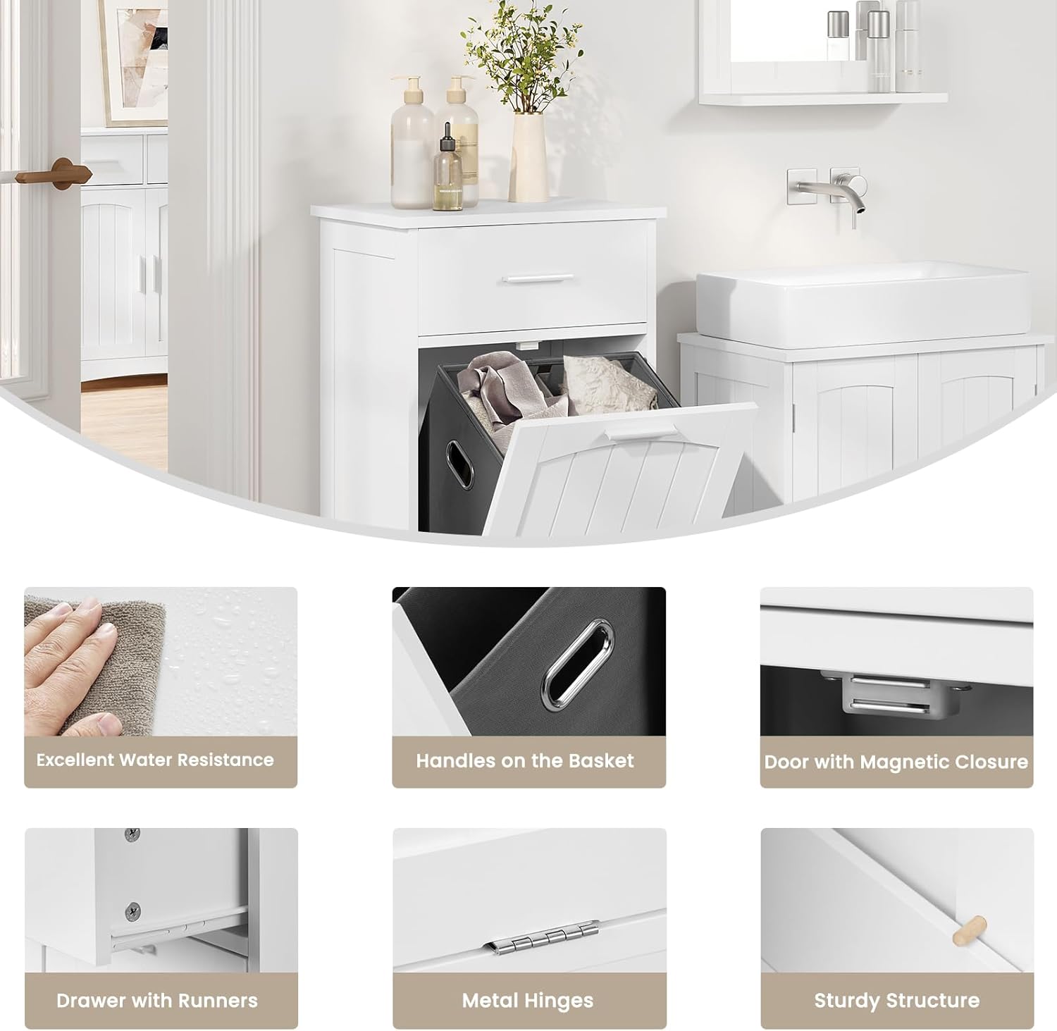Close-up images highlighting features like water resistance, basket handles, magnetic closure, drawer runners, metal hinges, and sturdy structure.
