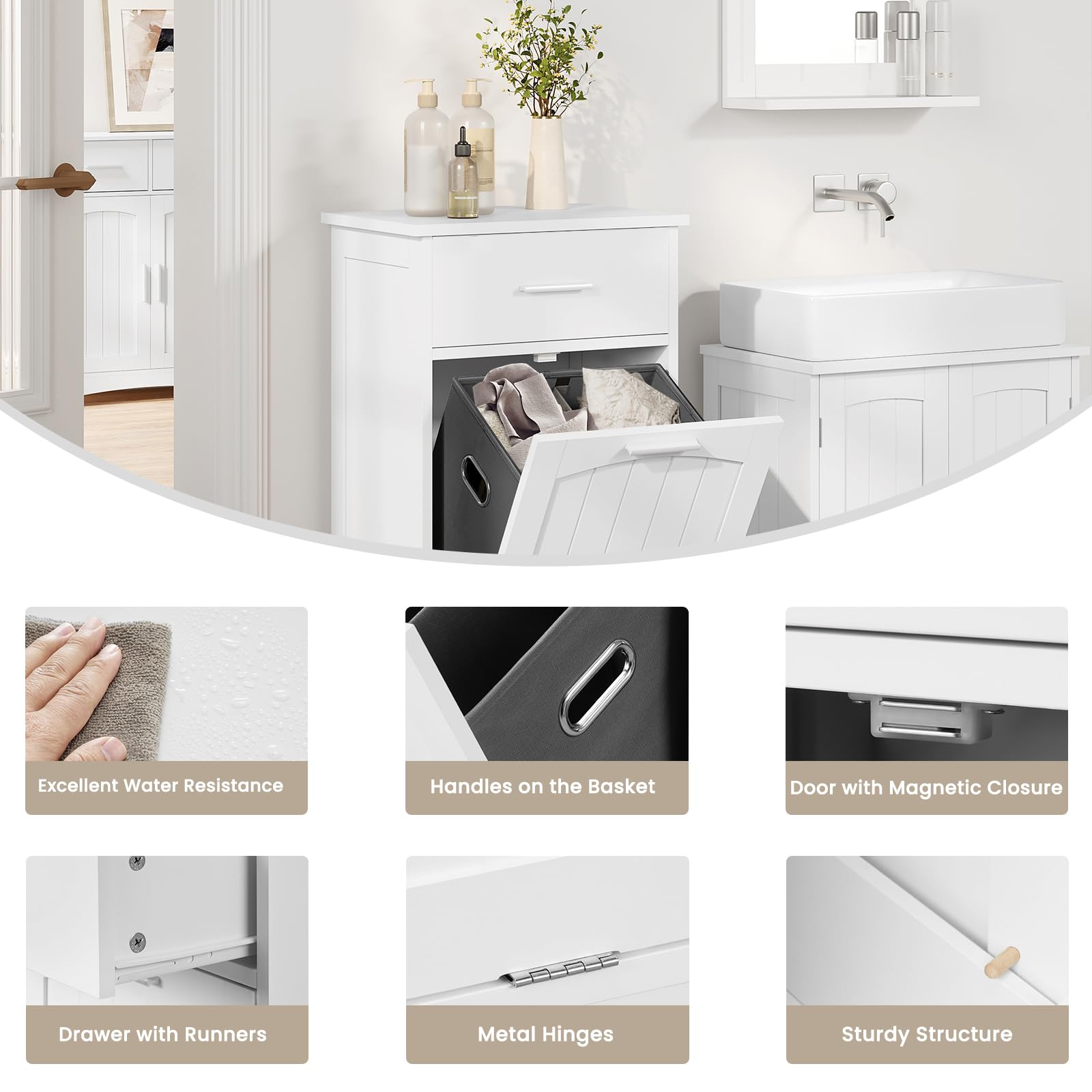 EUGAD Mobile da Bagno con Portabiancheria, Cesto Portabiancheria, Mobiletto da Bagno con Cassetto, Portabiancheria a 2 Scomparti, in MDF e Tessuto, Bianco, 42x30x82cm