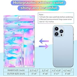 ANZNKU 100 Pack 6.3 x 9.4 Inch Holographic Bags, Smell Proof Bags Packaging Bag Resealable for Food Storage, Party Favor, Cosmetics, Jewelry Candy Lipgloss Packaging