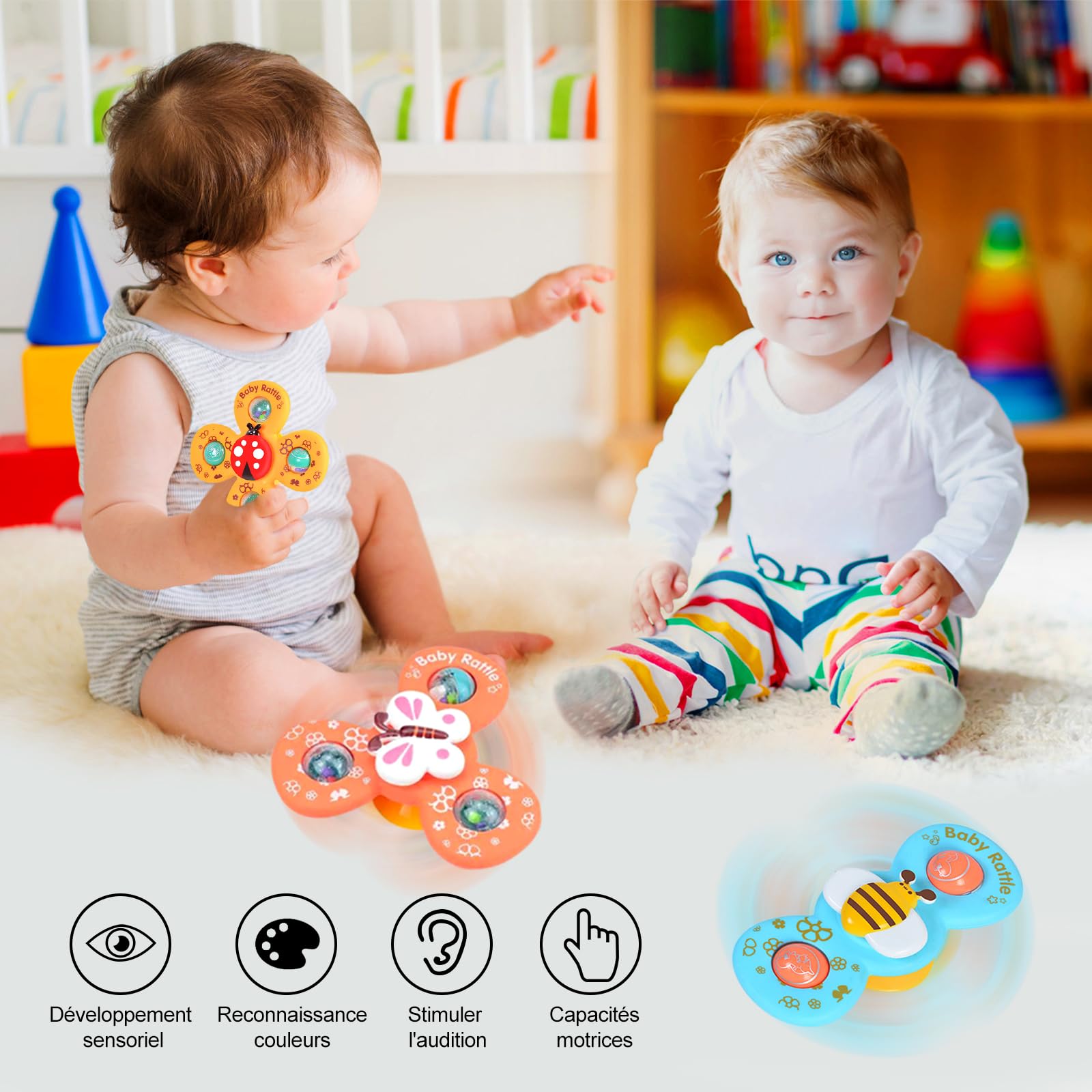 Jouets Ventouse Pour Bébé - 3 Spinners Animaux - Sensoriel, Pour Bain & Voyage - Dès 3 Mois - 8