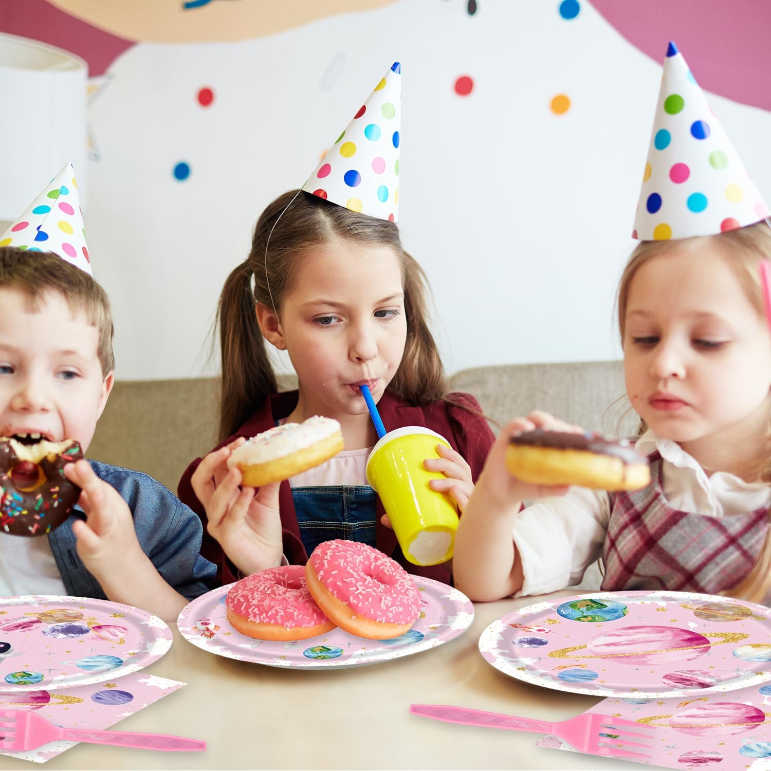 96Pcs Pink Space Birthday Party Supplies,include Dessert plate Plate Napkin And Forks,Used for Galaxy Space Planet Astronauts Party Decoration,Serves 24 Guests (Pink Space)