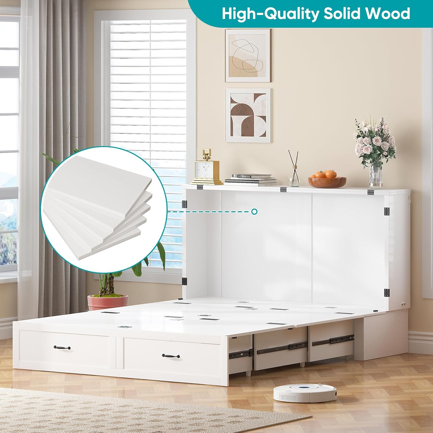 BALUS Queen Size Murphy Bed Cabinet, 63.39" Width Convertible Wall Bed with Storage Drawer & Built-in USB Charging Station, Space Saving Bed for Small Apartment, White, No Mattress