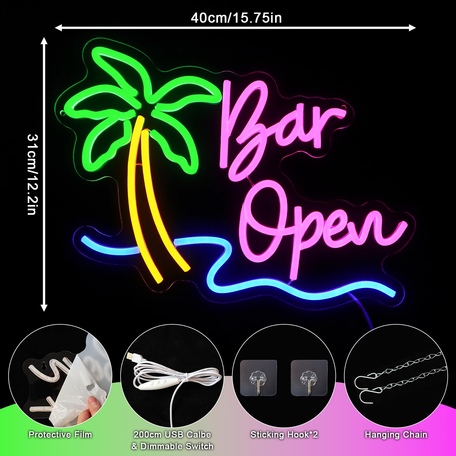 Enseigne Néon Bar Ouvert Panneau Néon Palmier Décoration Murale Lampe Néon USB LED Open Bar Bière Club