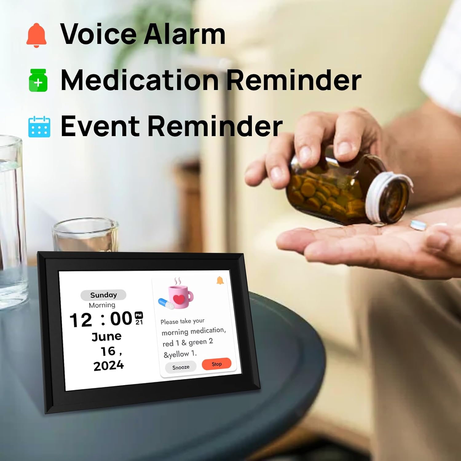 Touchscreen Digital Calendar Day Clock for Seniors 10.1 Inch, Voice Alarm | Medication Reminder | WiFi Accurate Time, Customizable Gift for Elderly or Dementia Alzheimers - Black