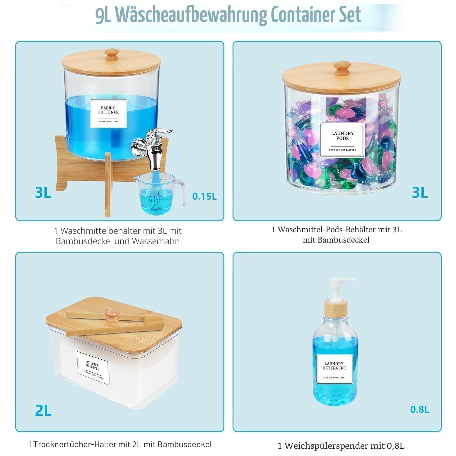 7 L Waschmittelbehälter Wäschereiorganisator Acryl - 2.4 L Wasserhahntyp Waschmittel Aufbewahrung Flüssig Mit Klammer Und Bambusabdeckun (7000ml)