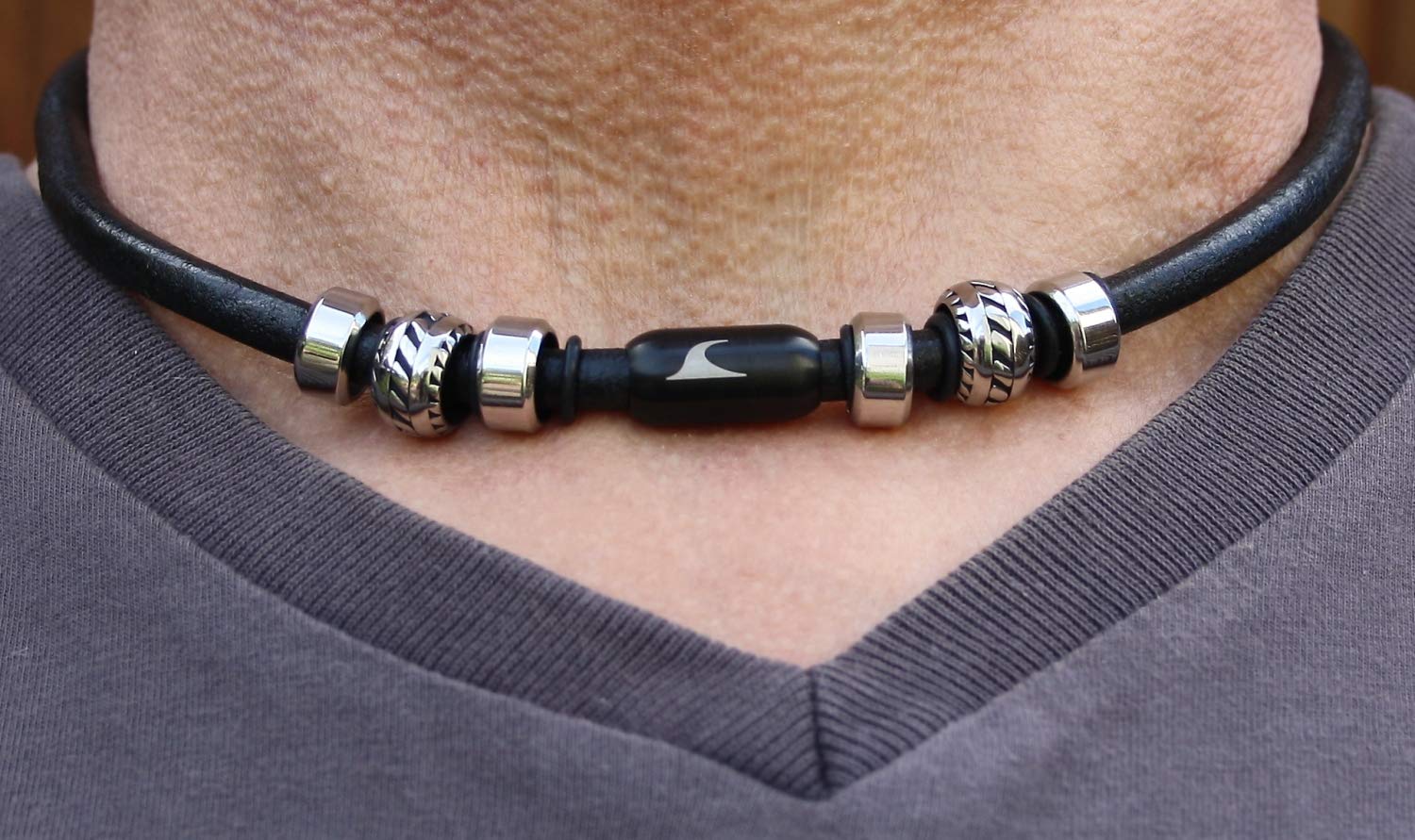 Echt Leder-Halskette Steel R Schwarz/SW Männer Herren