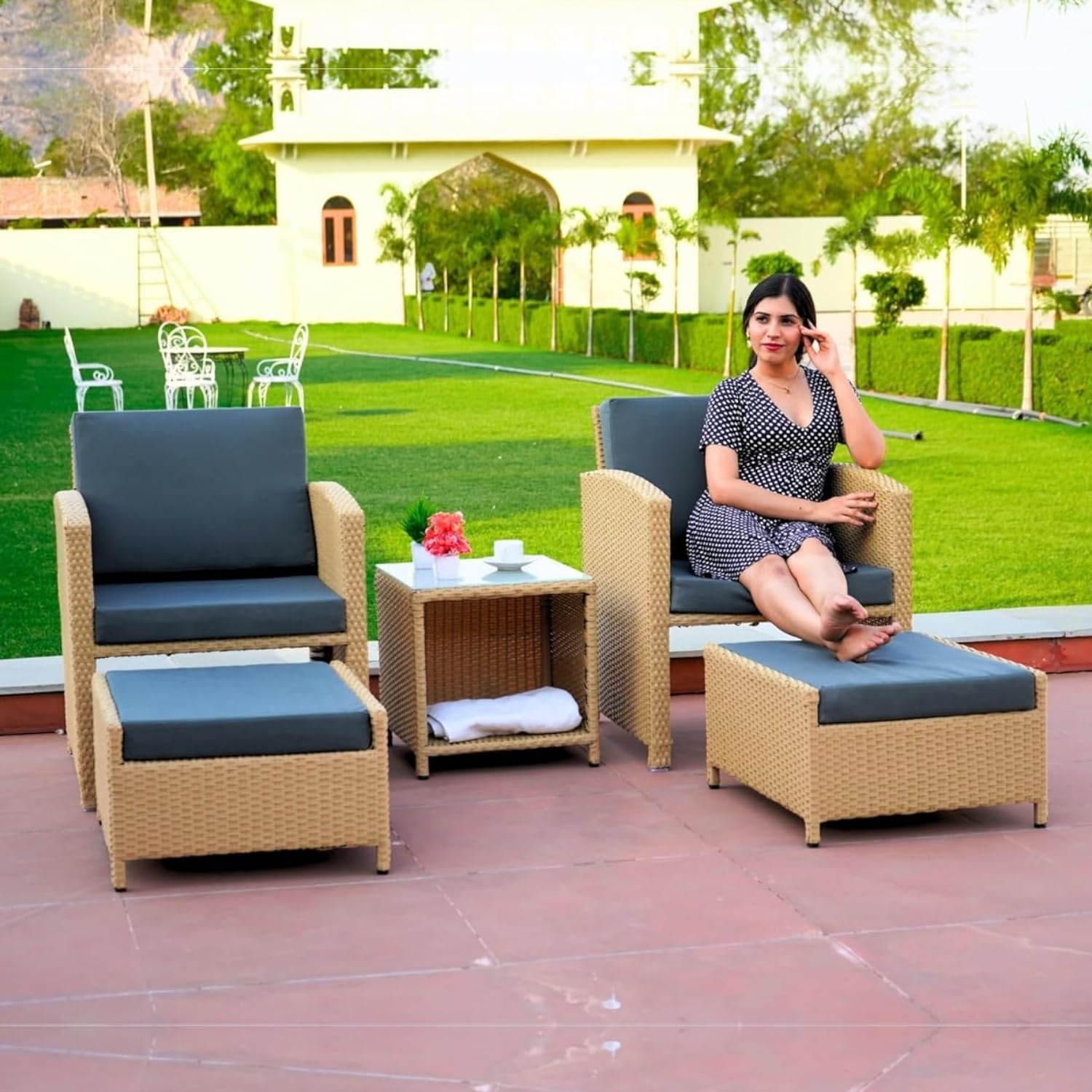 - DEVOKO Outdoor 5 Piece All Weather Rattan Wicker Patio Sofa Set with Water Resistant Cushioned Chairs with Glass Top Table & Ottomans for Garden, Pool, Porch, Backyard (Beige & Grey)