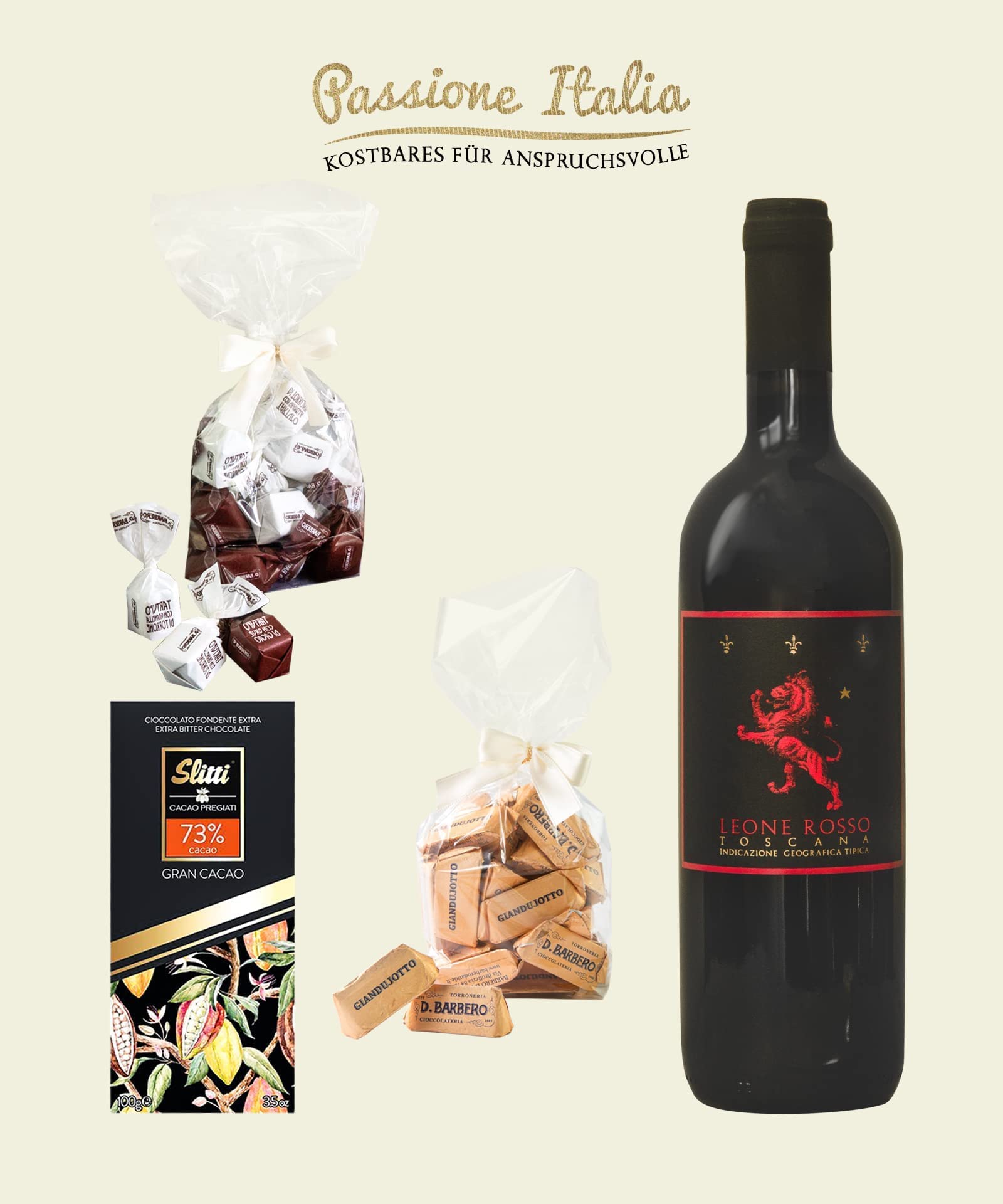 Geschenkset Purer Genuss mit Premium-Toskana Rotwein und Pralinen Tartufi und Zartbitter Schokolade