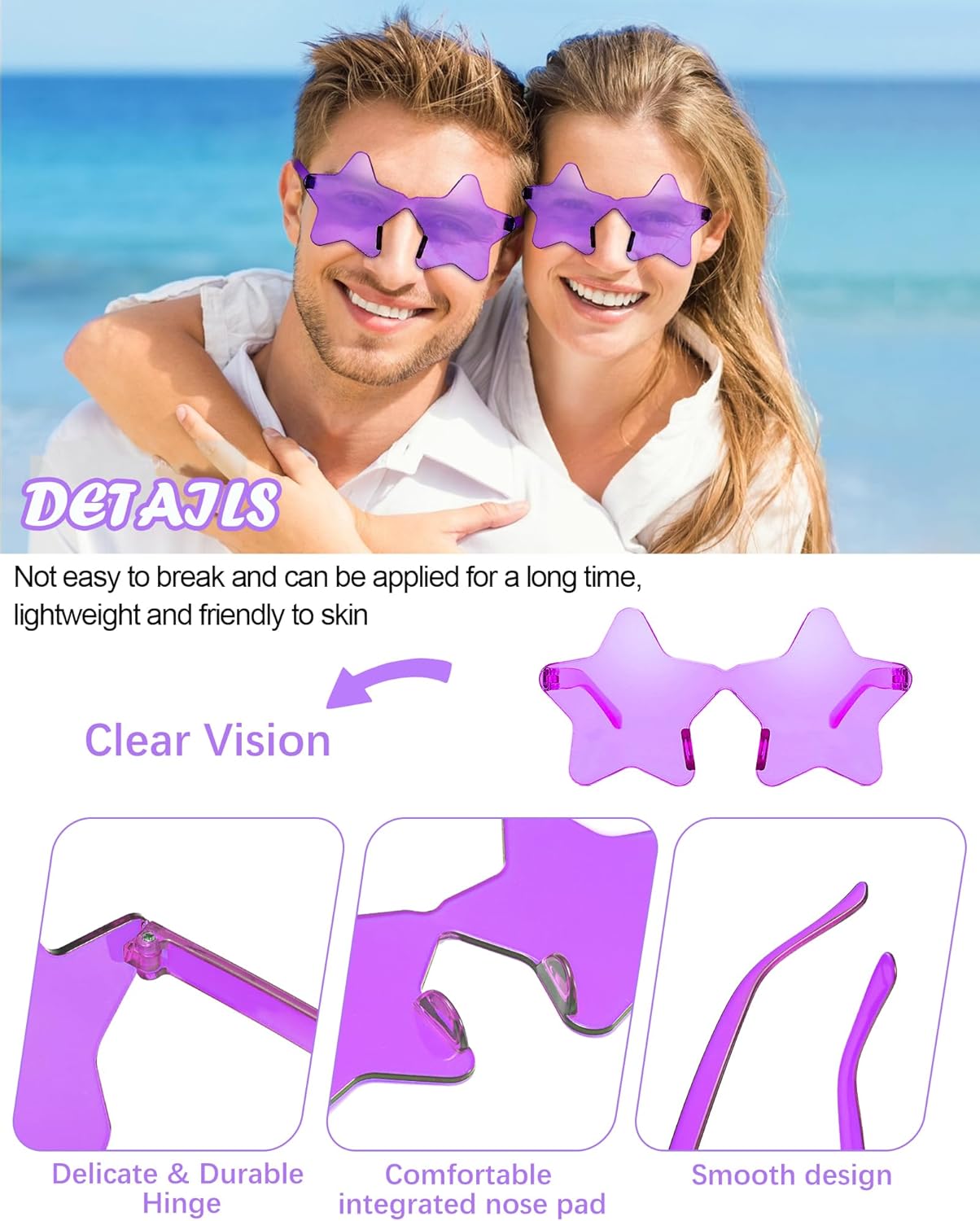 40 Pairs Rimless Star Sunglasses Bulk Wholesale Transparent Candy Color Star Glasses for Women Men Party Favors