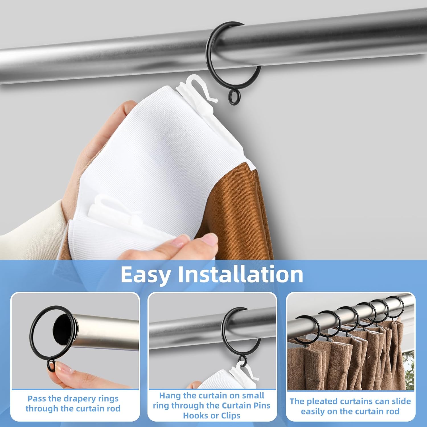 Curtain Rings with Eyelets, 48 Pack Metal Drapery Rings for Pinch Pleat Curtains Panels, Drape Rings Fits Up to 1.2 in Curtains Rod, 1.5 Inch I D Black