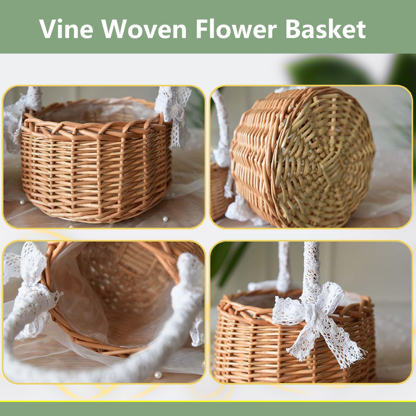 ZCFGUOI - 2 cestini per fiori intrecciati a mano, in rattan, per matrimoni, damigelle, con manici e nastro, per matrimoni, feste di Pasqua