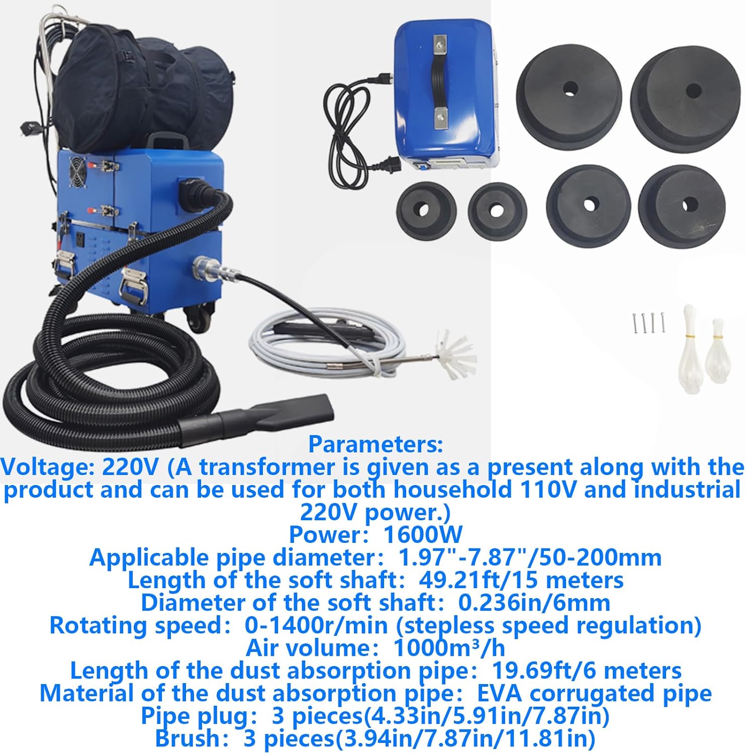220V Fresh Air Duct Cleaning Machine 1600W Air Pipe Sweeping Suction Cleaner with a Transformer Applicable Diameter 1.97"-7.87"