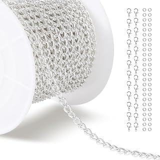 COSICS Necklace Chains for Jewelry Making, 0.6 * 4 * 3mm/10m Curb Chains roll with Lobster Clasps and Jump Rings, Copper Silver Chain Bulk for DIY Jewelry Ring Necklace Bracelet Anklet Pendant Making