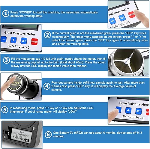 Miniatura 6 de AMTAST Probador de humedad de granos medidor inteligente de humedad de grano para 18 granos maíz de trigo maíz café grano de cacao semillas de lino