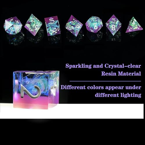 Vista 86 de DND - Juego de dados hechos a mano, 7 accesorios, dados de borde afilado para juegos TTRPG de Calabozos y Dragones, RPG multicara de resina Negro