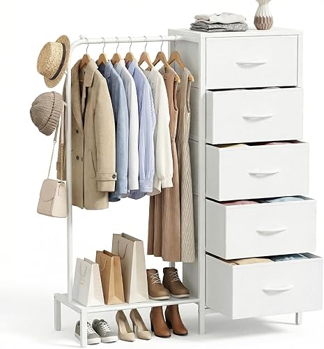 Snughome Dresser with Hanging Rack, Clothes Hanging Rack with 5 Drawers, White Dresser with Clothes Rack, Fabric Storage Chest of Drawers, Small