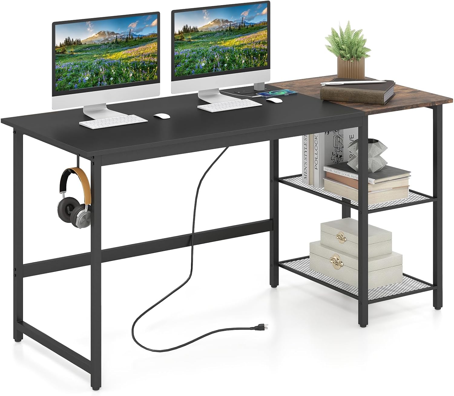 GOFLAME 59” Computer Desk, Modern Simple Study Writing Desk with Built-in Power Outlet, Removable Shelf & Side Headphone Hook, Home Office Laptop PC Desk Gaming Table Workstation (Black)