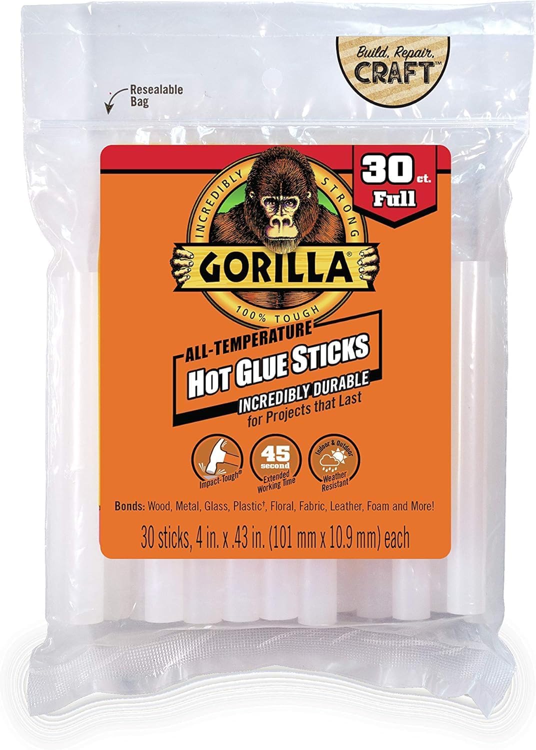 Gorilla 3033002 Hot Glue Sticks, Full Size, 30-Ct. - Quantity 6
