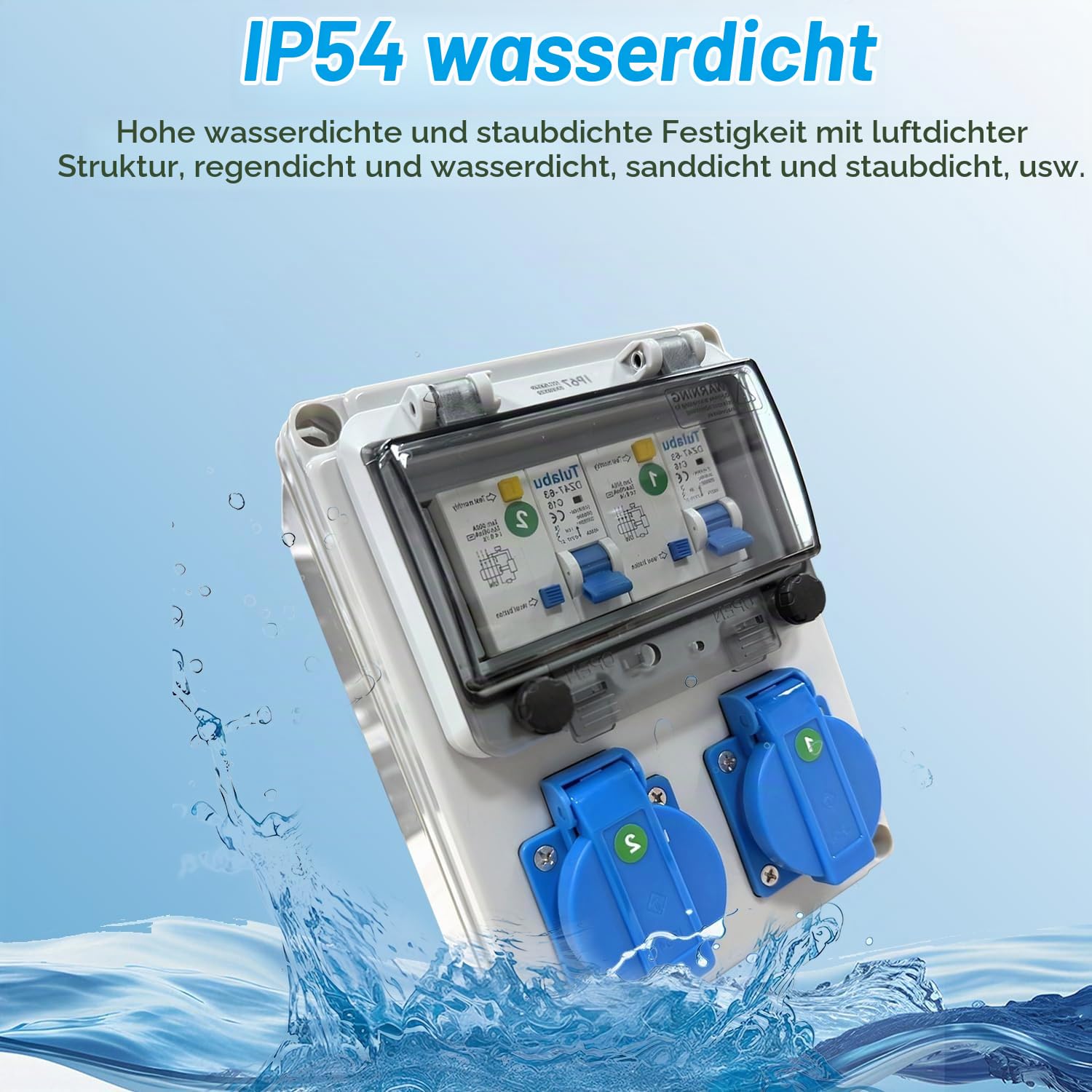 Stromverteiler 16A, 2-fach 230V mit FI-Schalter, IP54