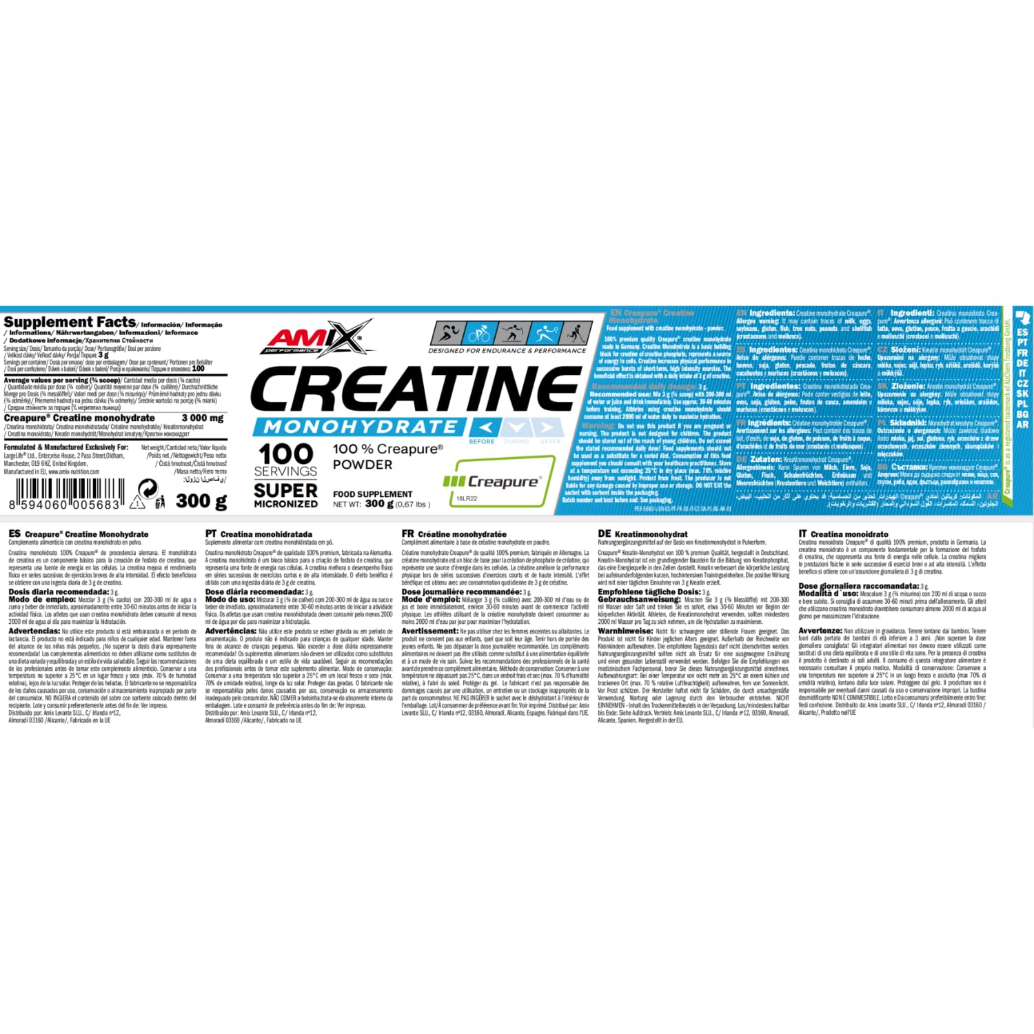 AMIX - Creatina Monohidratada Creapure en Bote de 300 g - 100% Creapure - Suplemento para Ganar Masa Muscular- Ideal para mejorar el rendimiento en deportes de fuerza y ejercicios cortos e intensos