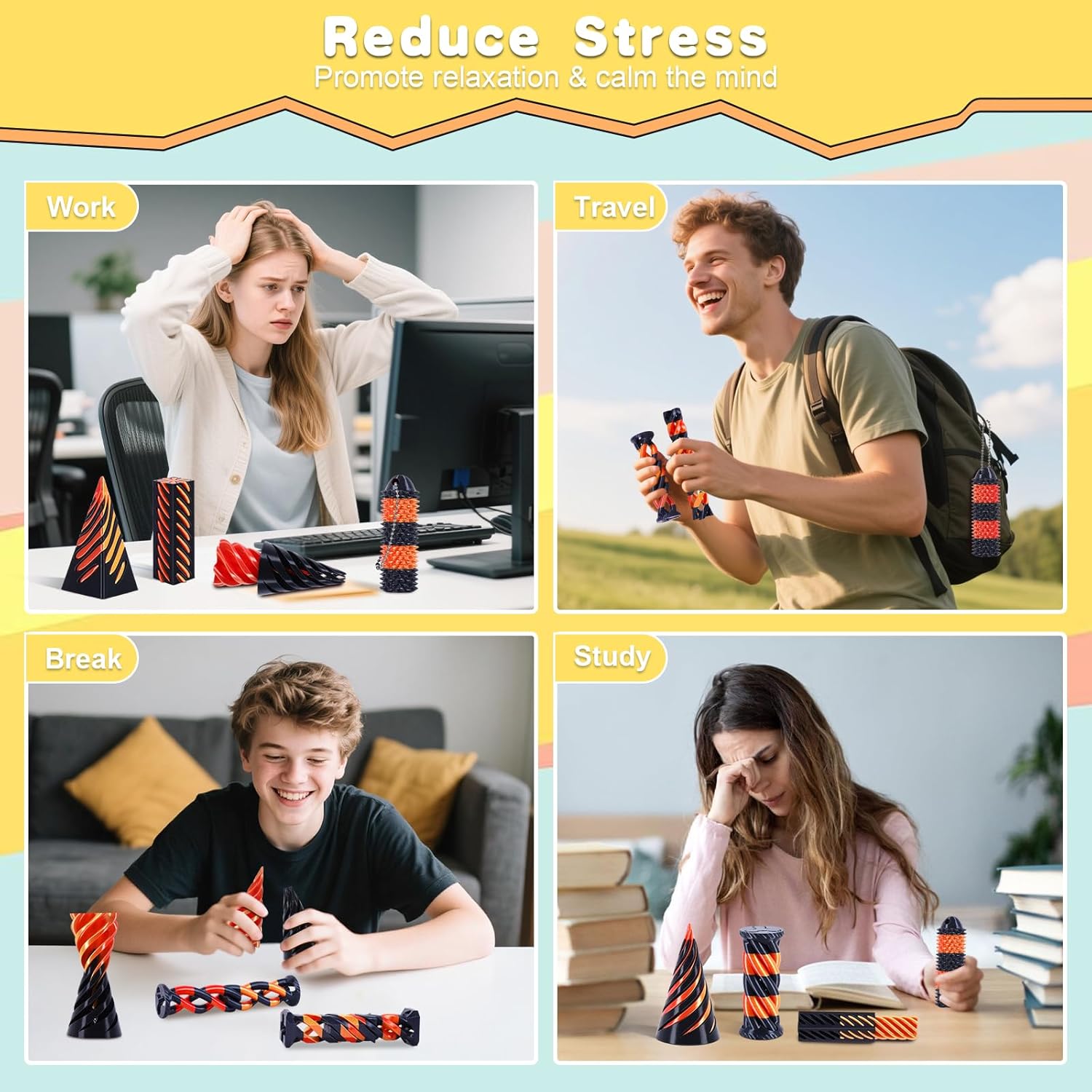 3D Printed Fidget Toys Set: 5 Pack Impossible Cone + 1 Little Ouchies | Spiral Cone Fidget Toy for Anxiety & Stress Relief | Impossible Pyramid Passthrough Toy Gifts for Adults, Kids, Office,Classroom