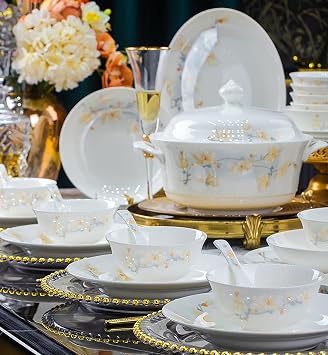 56 Piece Dinnerware Set for 10, White Porcelain with Floral Pattern, Plates and Bowls with Tureen, Heat-Resistant, Dishwasher Safe