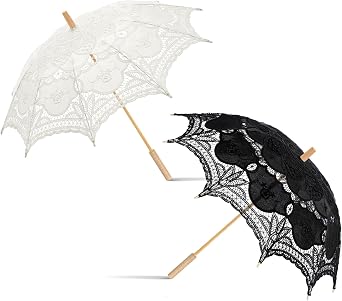 Beeveer 2 Pack Bride Groom Lace Parasol Umbrella Vintage Wedding Bridal Umbrella for Decoration Photo Tea Party Womens Clothing Wedding 1920s Party