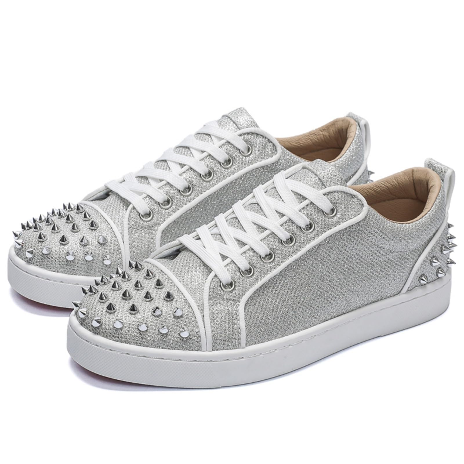 Photo 1 of LSHWCIFT Men's Punk Studded Lace Up Sneakers with Metal Rivets & Fabric Upper - Breathable Low Top Casual Shoes for Street Style Nightlife and Everyday Wear (Silver,10)