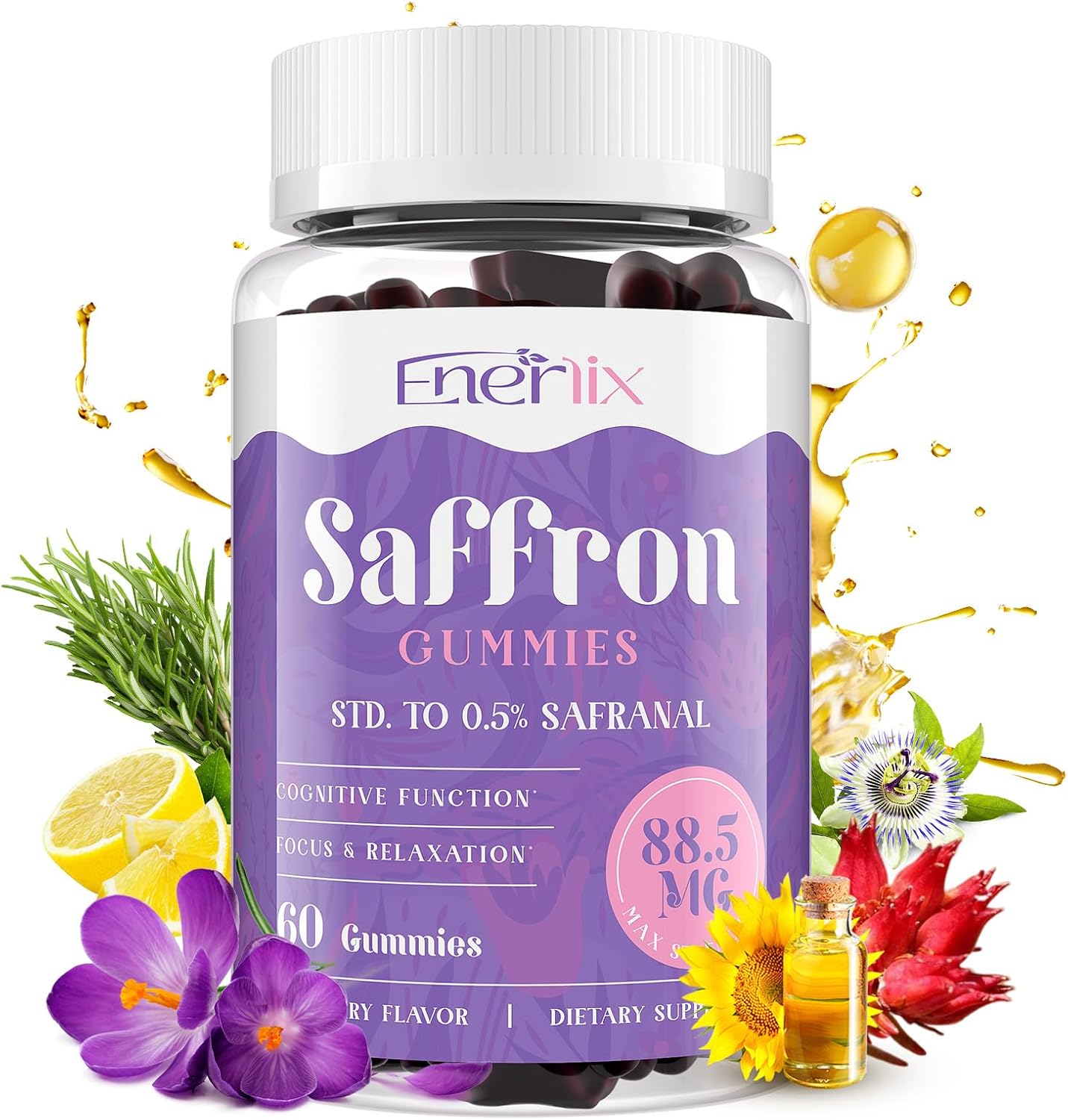 Enerlix Saffron Gummies 88.5 mg with Magnesium, Max Strength Saffron Supplements with St. John’s Wort, GABA, Rhodiola, Rosemary & Passion Flower Extracts for Mood, Focus - 60 Servings