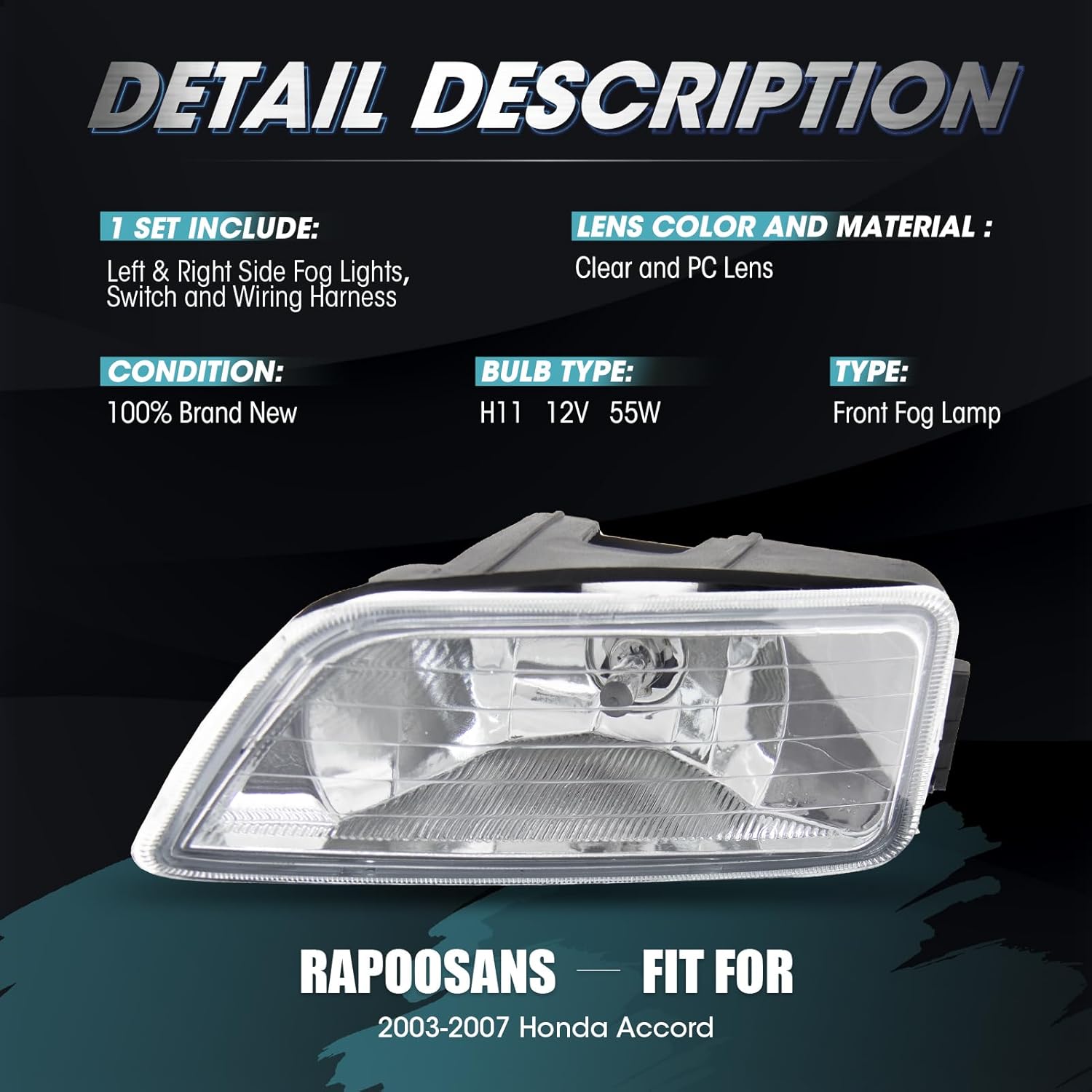Driving Fog Lights Lamps Assembly for 2003-2007 Honda Accord Fog Light Replacement with H11 Bulbs & Switch and Wiring Kit