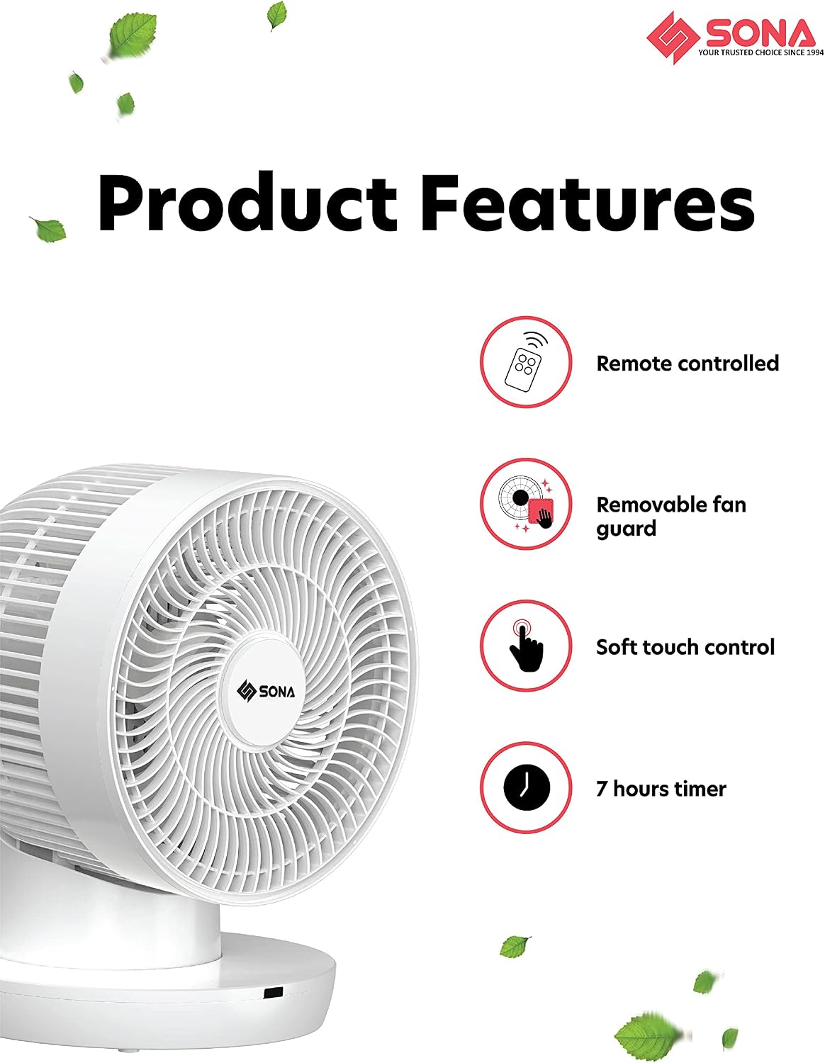 Summary of product features for SONA STC 1319DC fan