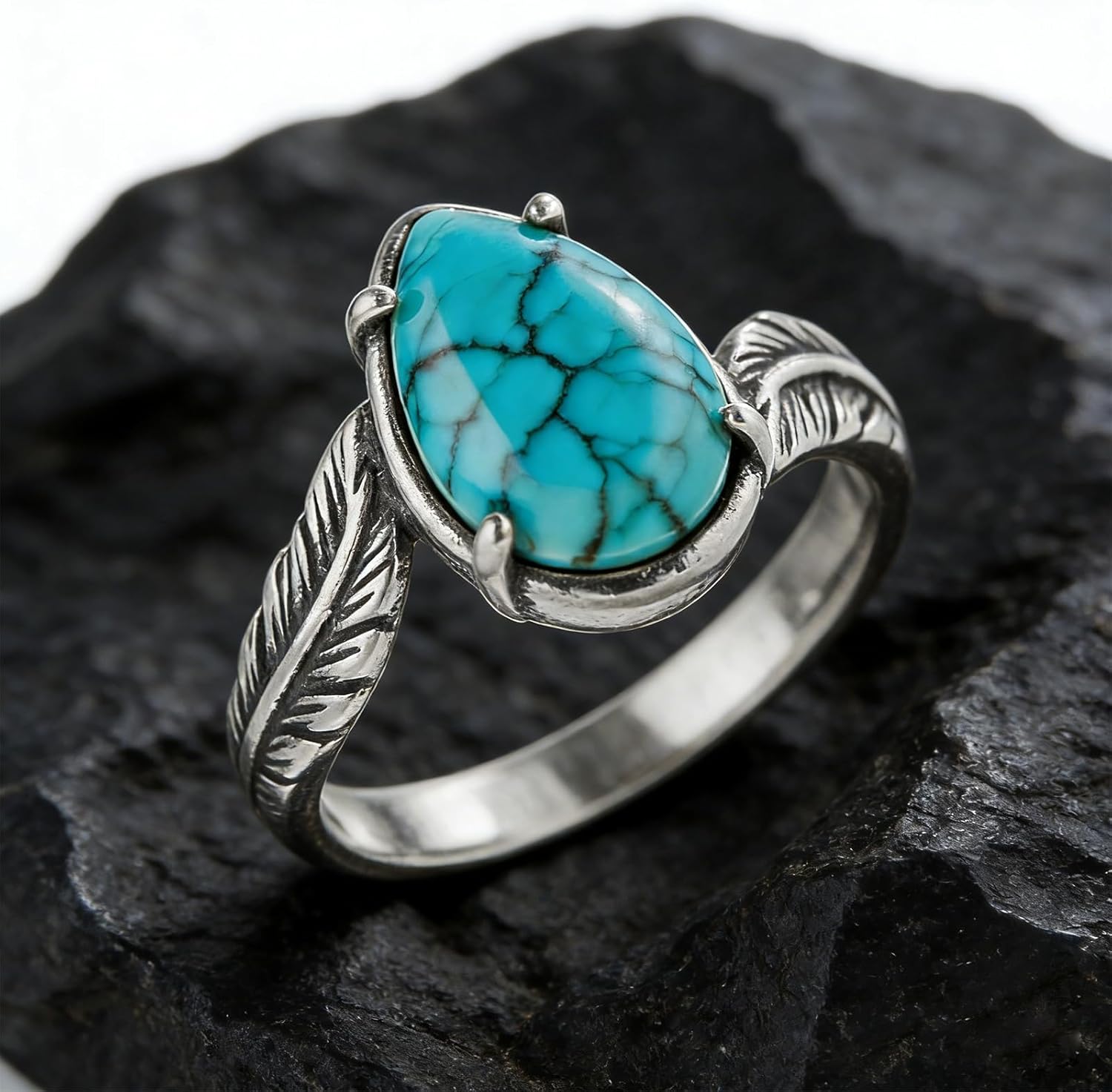 Genuine Turquoise Leaf Rings for Women 925 Sterling Silver Vintage Boho Pear Blue Gemstone Ring Native American Western Jewelry for Her Wife Mom Girlfriend in Size