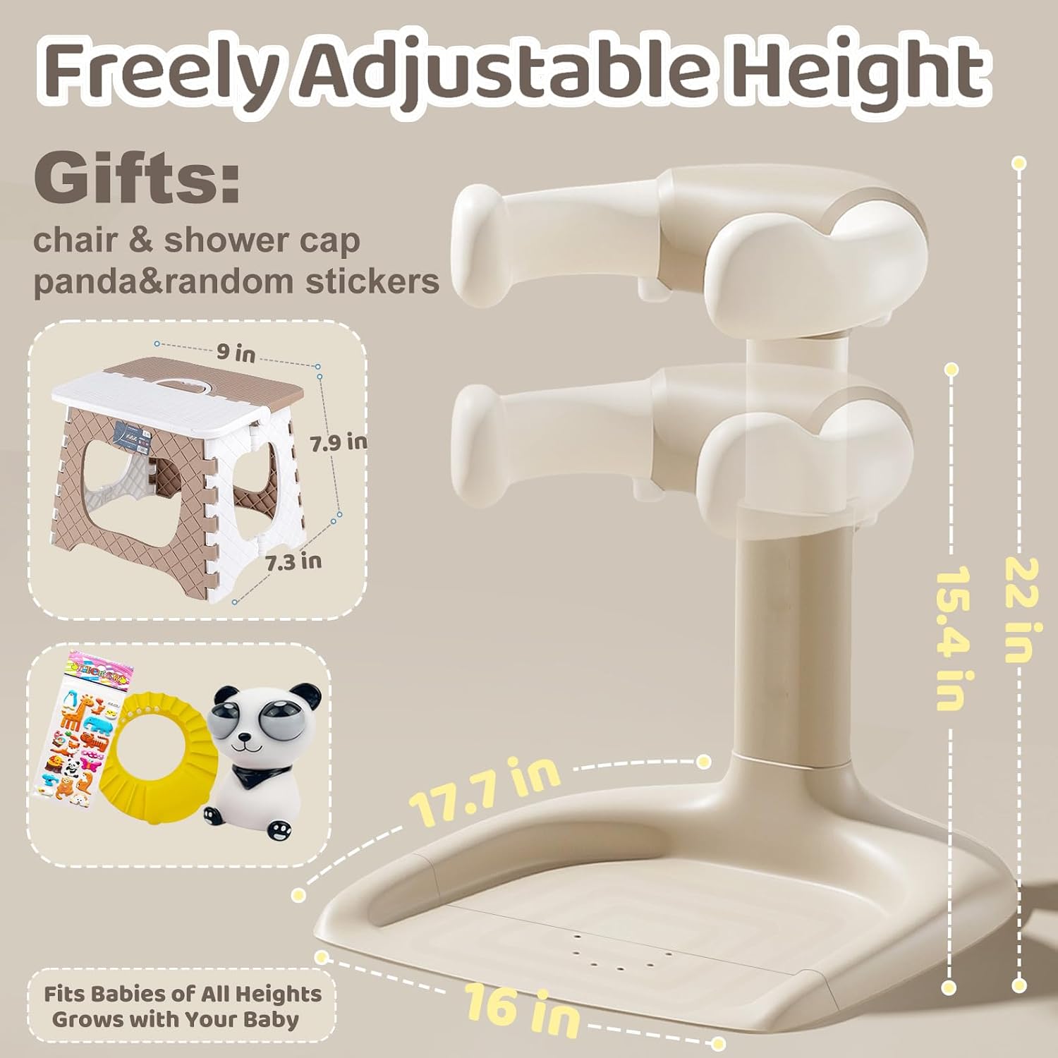 Baby Shower Stand with Support,2-in-1 Sitting & Standing Baby Bath Stand with Anti-Slip Base,10 Levels Adjustable Height and Armrest with Seat for Toddlers,Ideal Gift for Infants 6 Months and Above