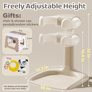 Baby Shower Stand with Support,2-in-1 Sitting & Standing Baby Bath Stand with Anti-Slip Base,10 Levels Adjustable Height and Armrest with Seat for Toddlers,Ideal Gift for Infants 6 Months and Above