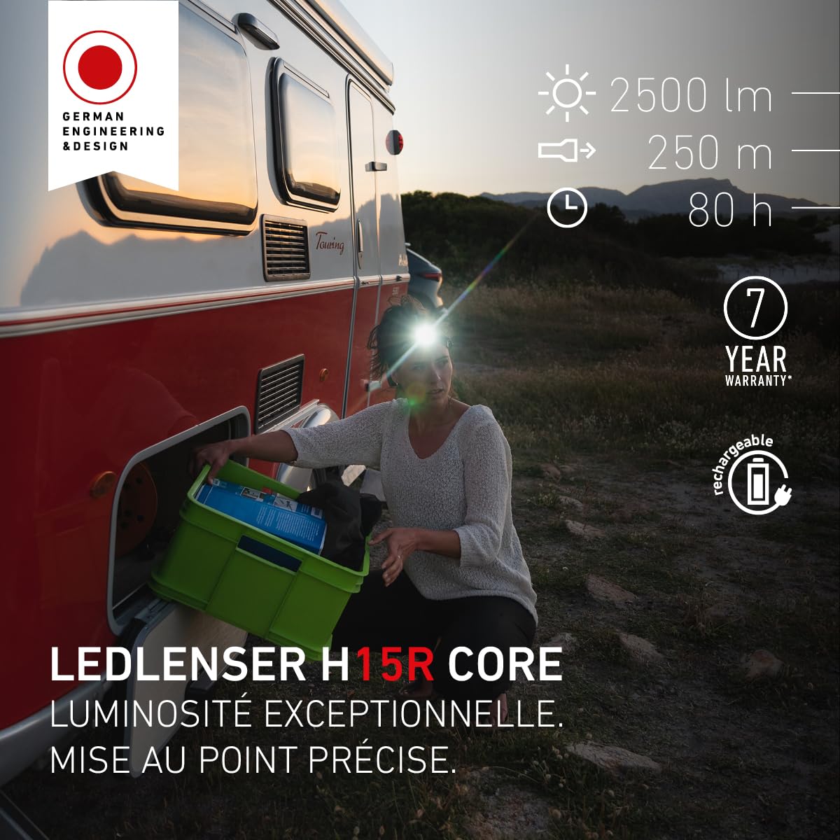 Ledlenser H15R Core Lampe frontale rechargeable, 2500lm, 250m, étanche IP68 | Mise au point réglable, jusqu'à 80 h d'autonomie, intensité variable, étanche, 380 g, pour le bricolage et l'outdoor | 2020