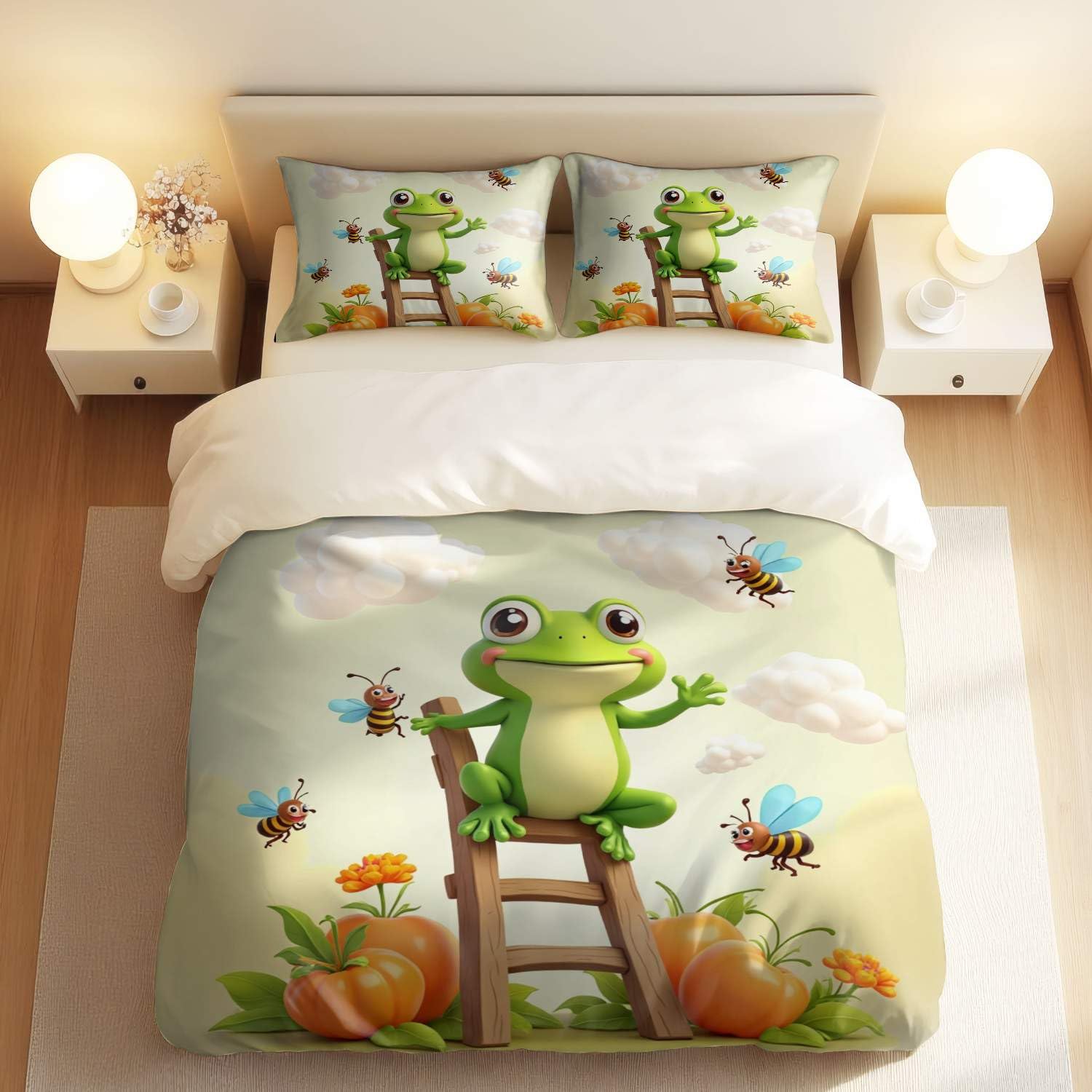 Housse de couette grenouille avec parure de lit 3 pièces pour lit simple
