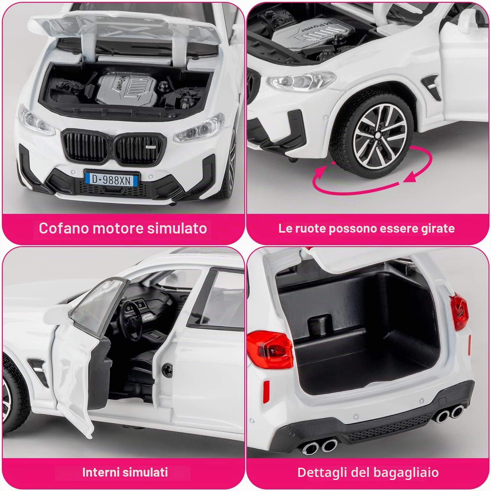 Auto giocattolo compatibile con 1:32 X3M modellino auto, Pull Back Diecast Collectible Car con suoni e luci per bambini, ragazzi, ragazze e adulti, regalo bianco