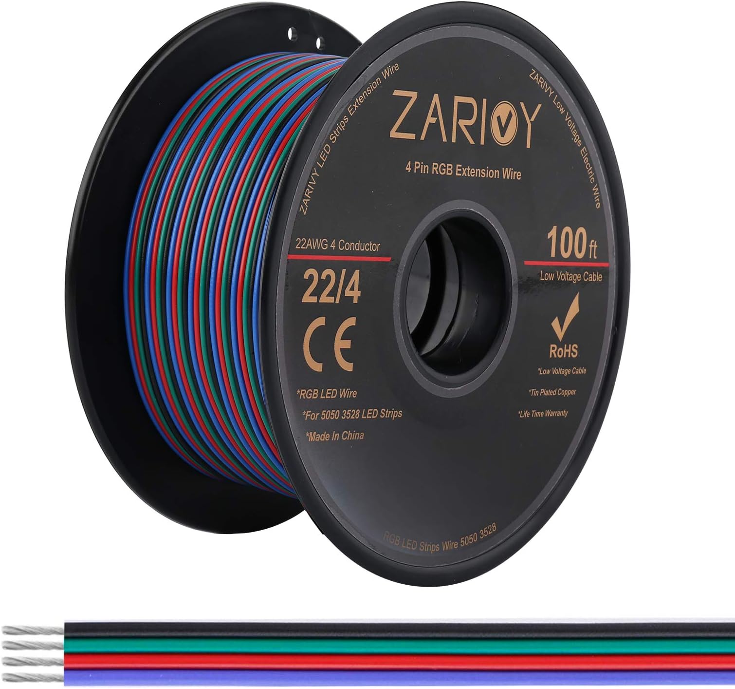 Zarivy 100FT 22 Gauge 4 Pin 4 Color Standed RGB Wire Extension Cable, 22 AWG Led Electric Wire for RGB LED Strip 5050 3528, 22AWG LED Strip Extension Cord for LED Ribbon Lamp Tape Lighting