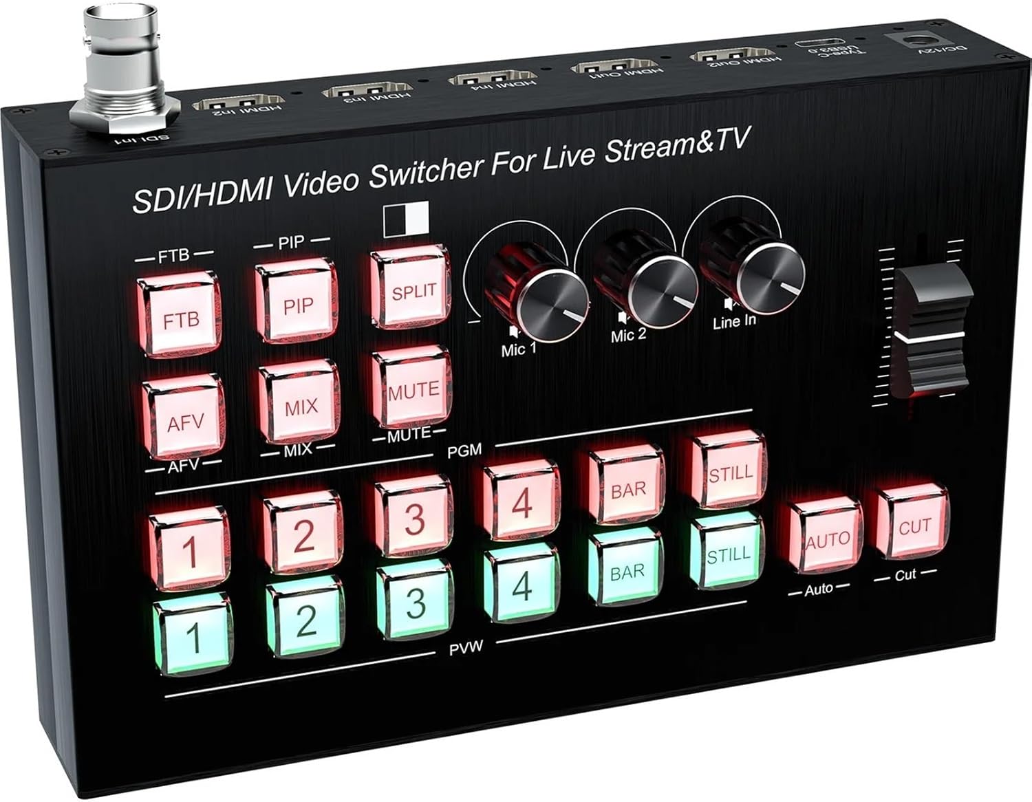 3G-SDI HDMI Video Switcher Multi Camera Live Streaming Station Seamless Switch Video Capture Record Audio Mix OSD PIP PGM PVW(with US Plug)