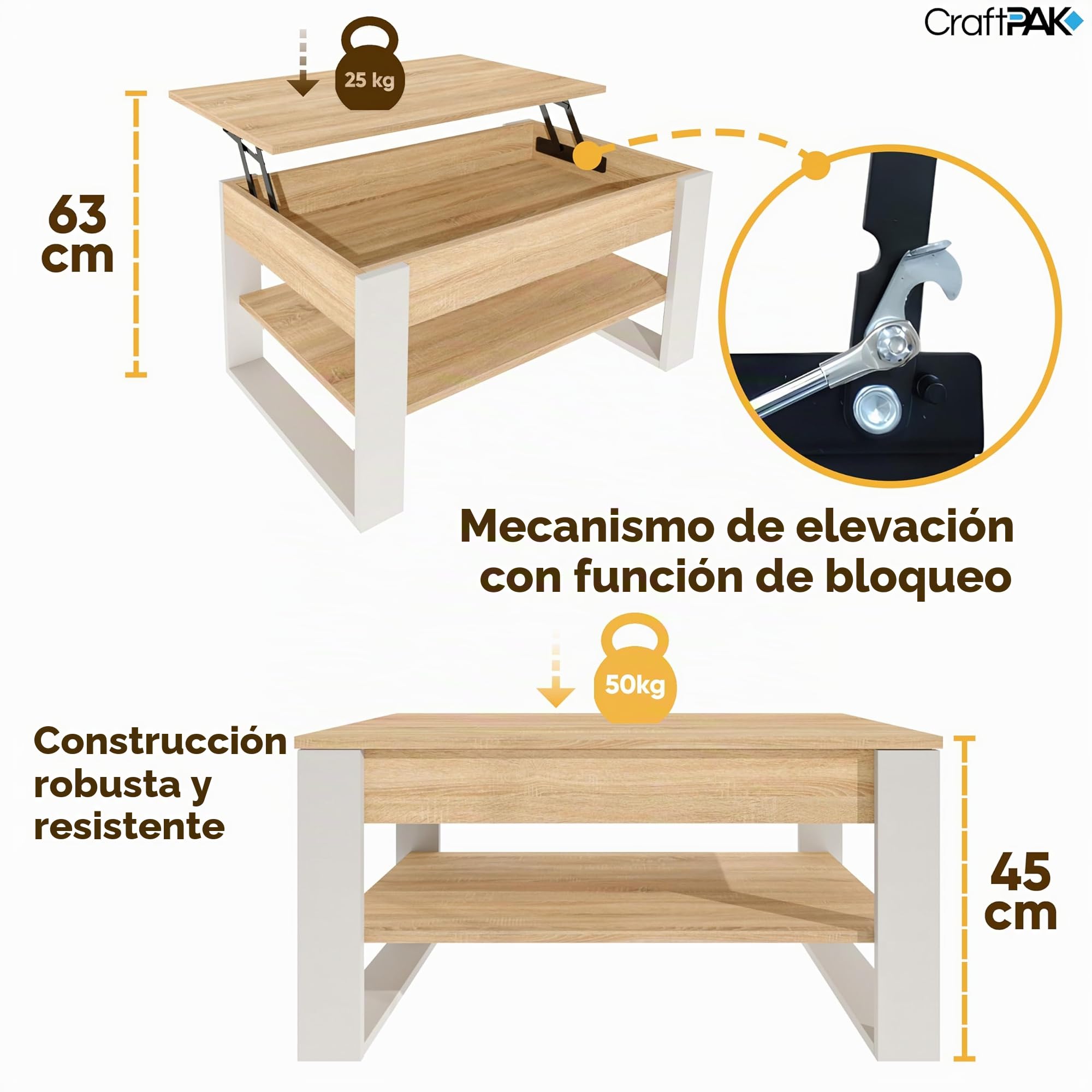 CraftPAK Mesa de Centro elevable con Almacenamiento – Mesa de Centro Plegable – Mesa de salón Ajustable en Altura – Coffee Table – Mesa de salón de Madera Color Blanco