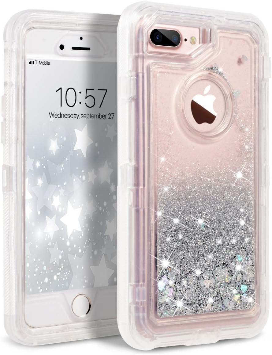 Dexnor iPhone 8 Plus Case, iPhone 7 Plus Case, Glitter 3D Bling Sparkle Flowing Liquid Case Transparent 3 in 1 Shockproof TPU Silicone + PC Cover for iPhone 8 Plus/ 7 Plus/6s Plus/6 Plus - Silver