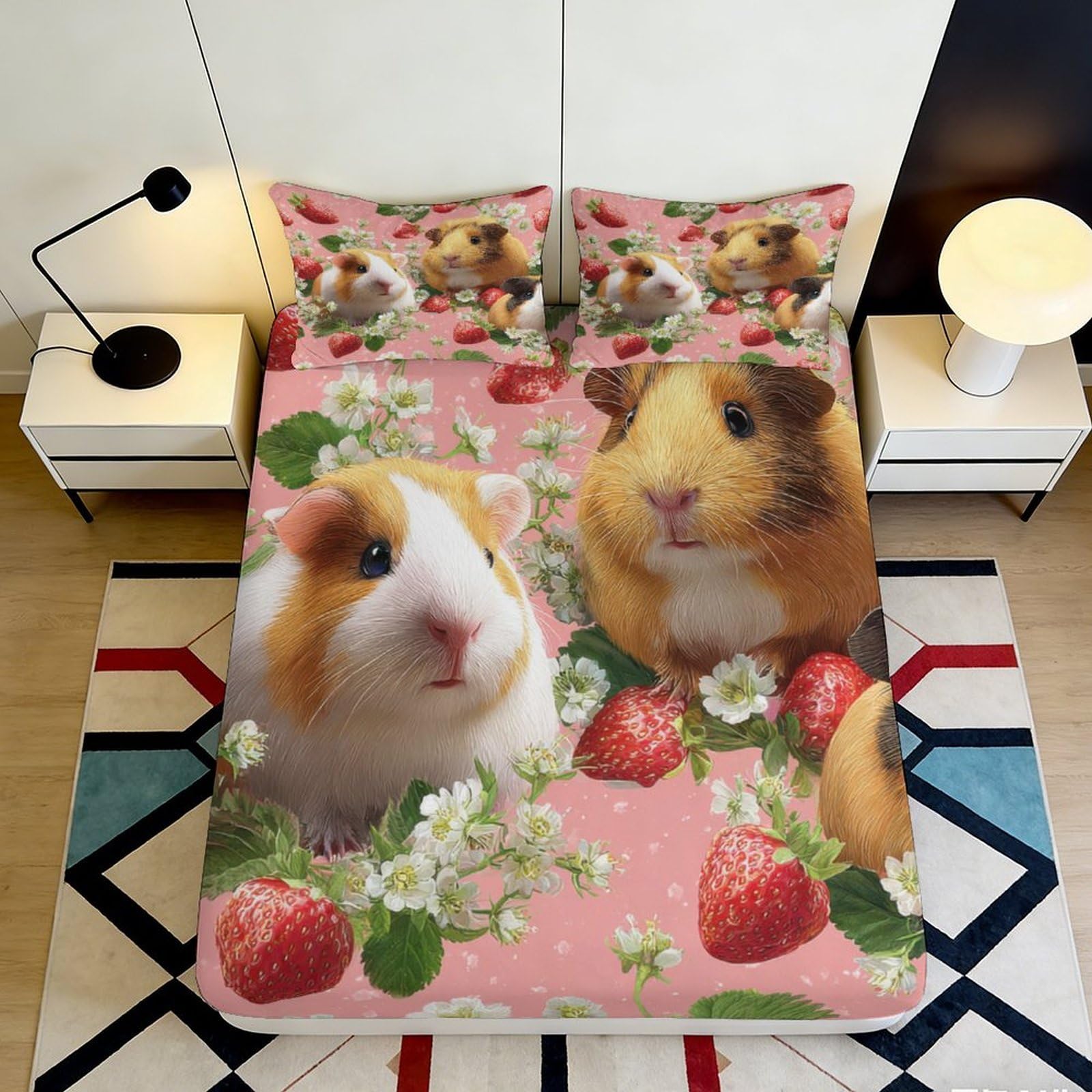 Pnayamiorkfel Style-9 3D Printed Strawberry Guinea Pig Fitted Sheet Microfiber Soft Bed Cover For Bedroom Guest Room Decor Mattress Protection 90X200x25cm