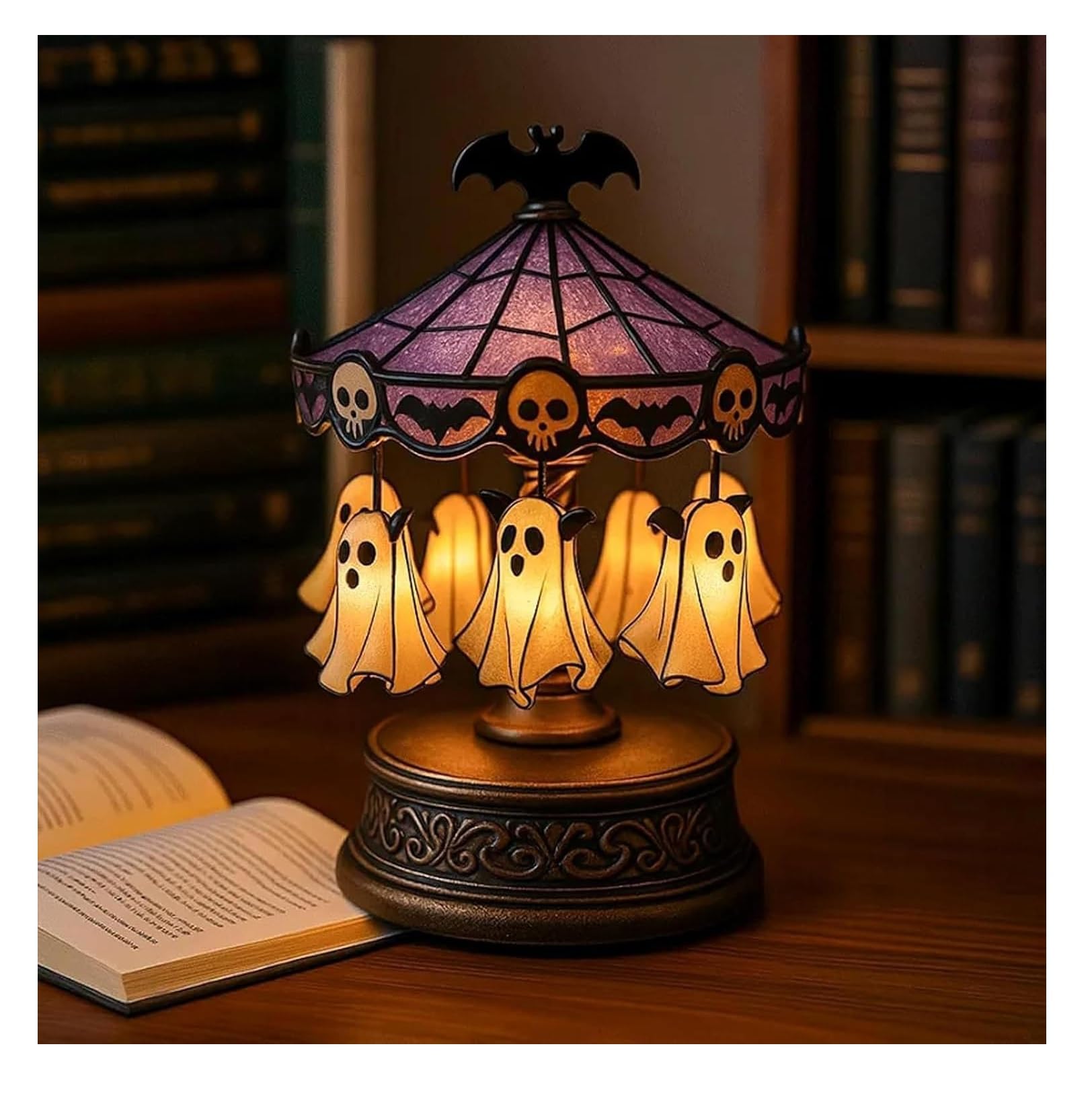 Ghost Carousel Lights, Halloween Spooky Carousel Lamp Indoor, Light Up Ghosts Kit, Battery Operated Ghost Nightlight with Floating Ghosts Bats & Skeletons for Home Room Halloween Decor