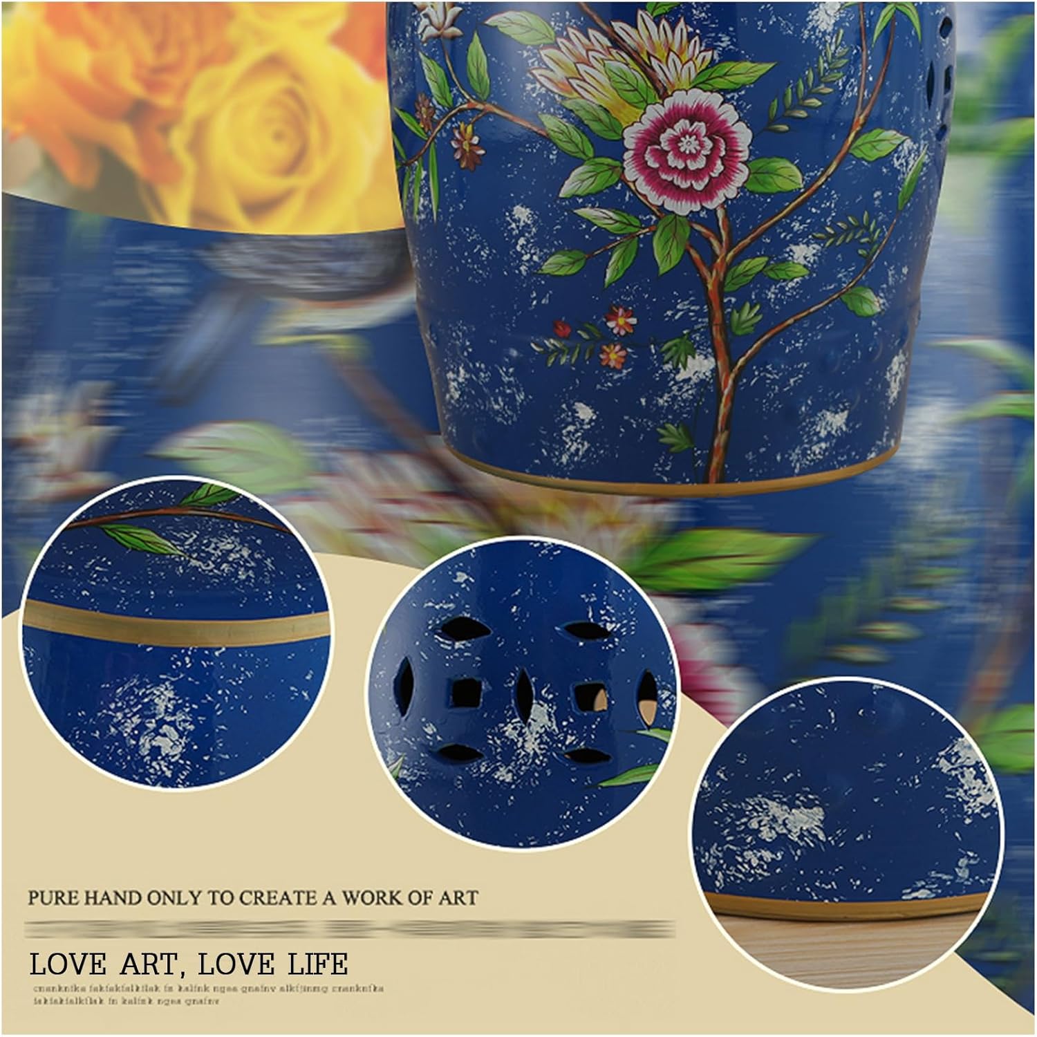 Decorative Ceramic Garden Stool - Glazed Accent Stool for Living Room, Balcony & Garden, Chinese Style Ceramic Stool, Perfect for Indoor & Outdoor Use(Silver Bird)
