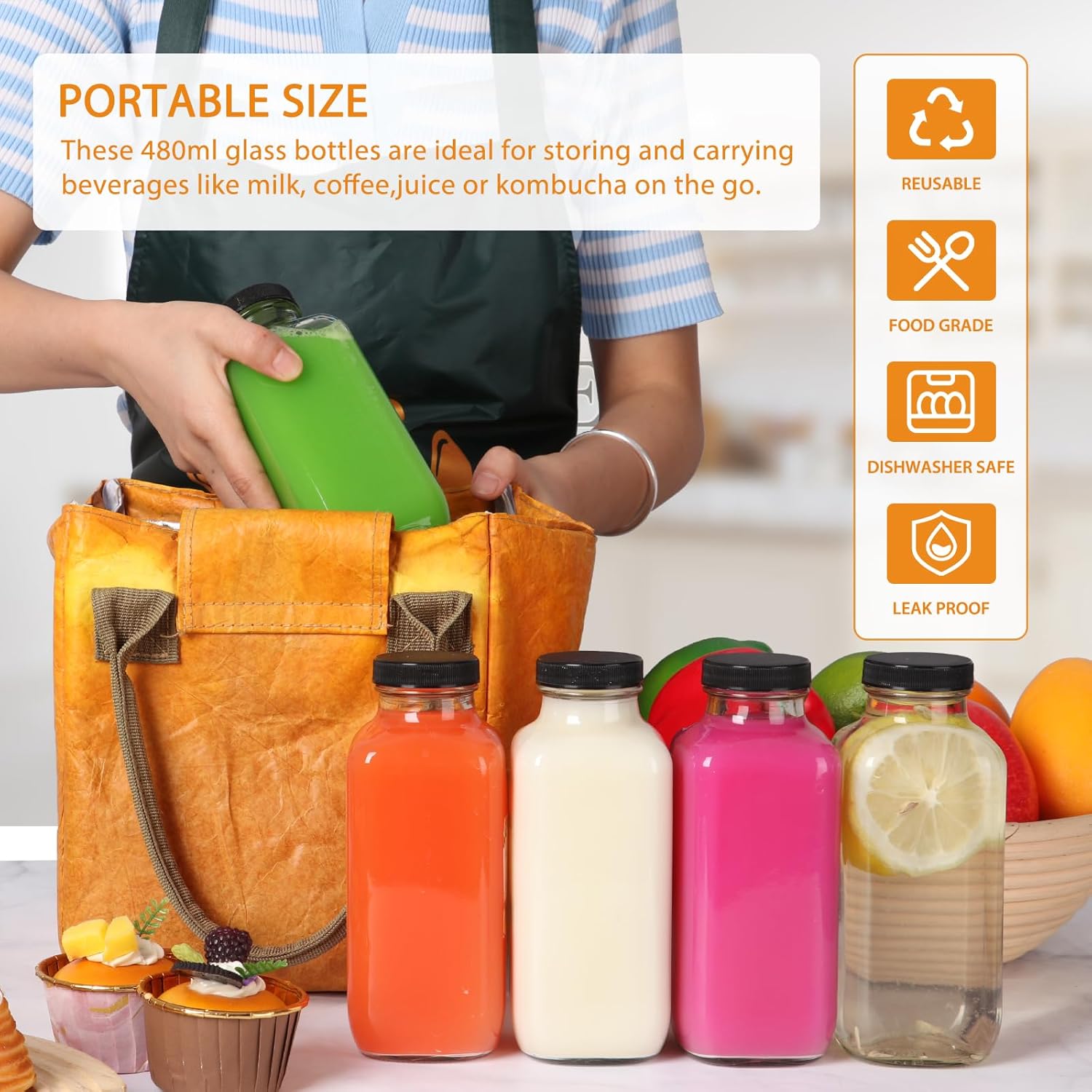 AuroTrends 16 oz Glass Bottles with Lids 3Pack, 480ml Glass Bottles for Juicing, Water, Kombucha - Portable Glass Juicing Bottles Reusable Glass 16oz (16fl.oz, Set of 3) - Image 3