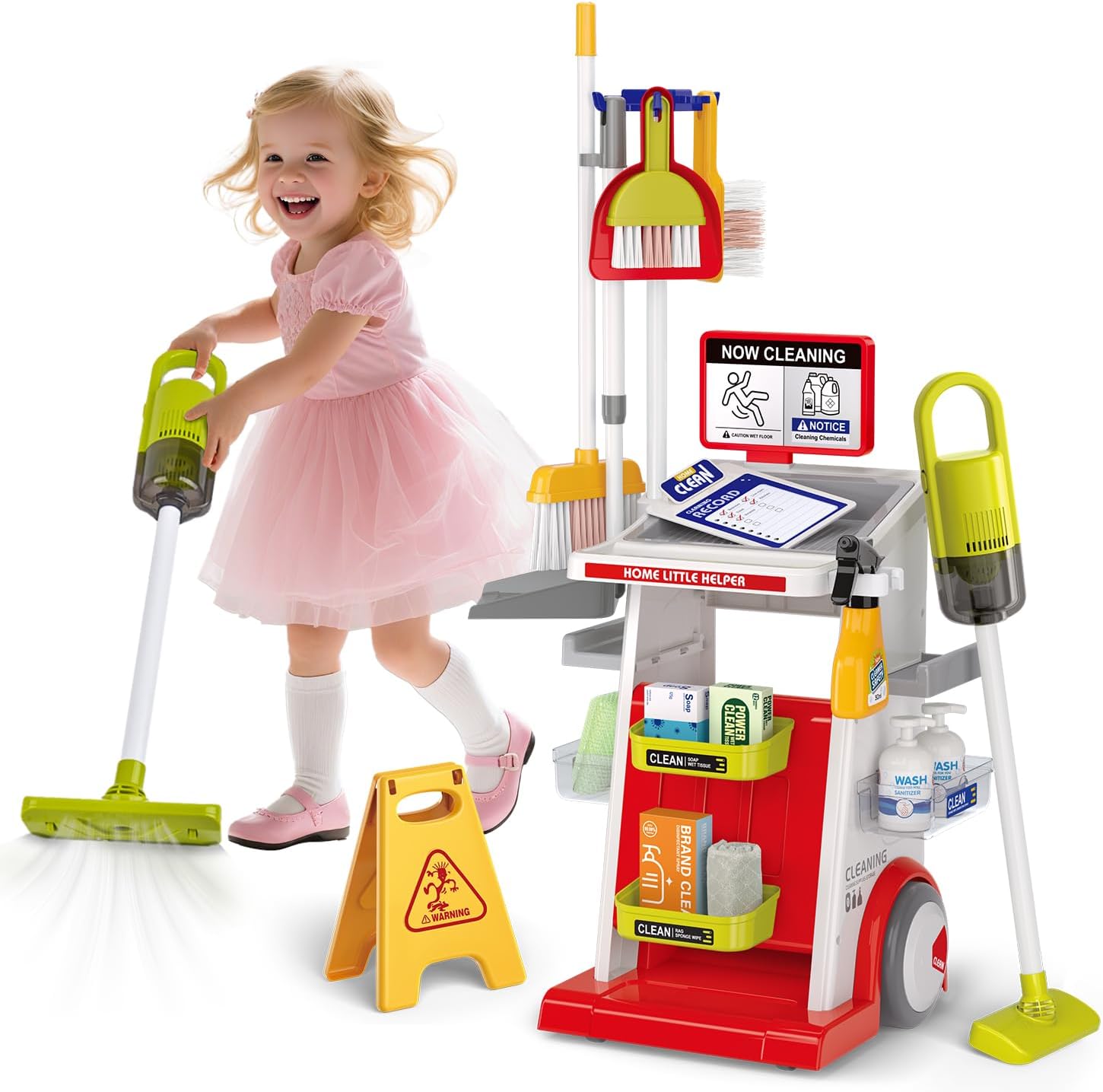 Kids Cleaning Toy Set, 22PCS Toddler Cleaning Set with Real Working Vacuum, Mop & Spray Bottle, Educational Role Play Househlod Carts Toys for Toddlers Ages 3-8, for Boys Girls (Red)