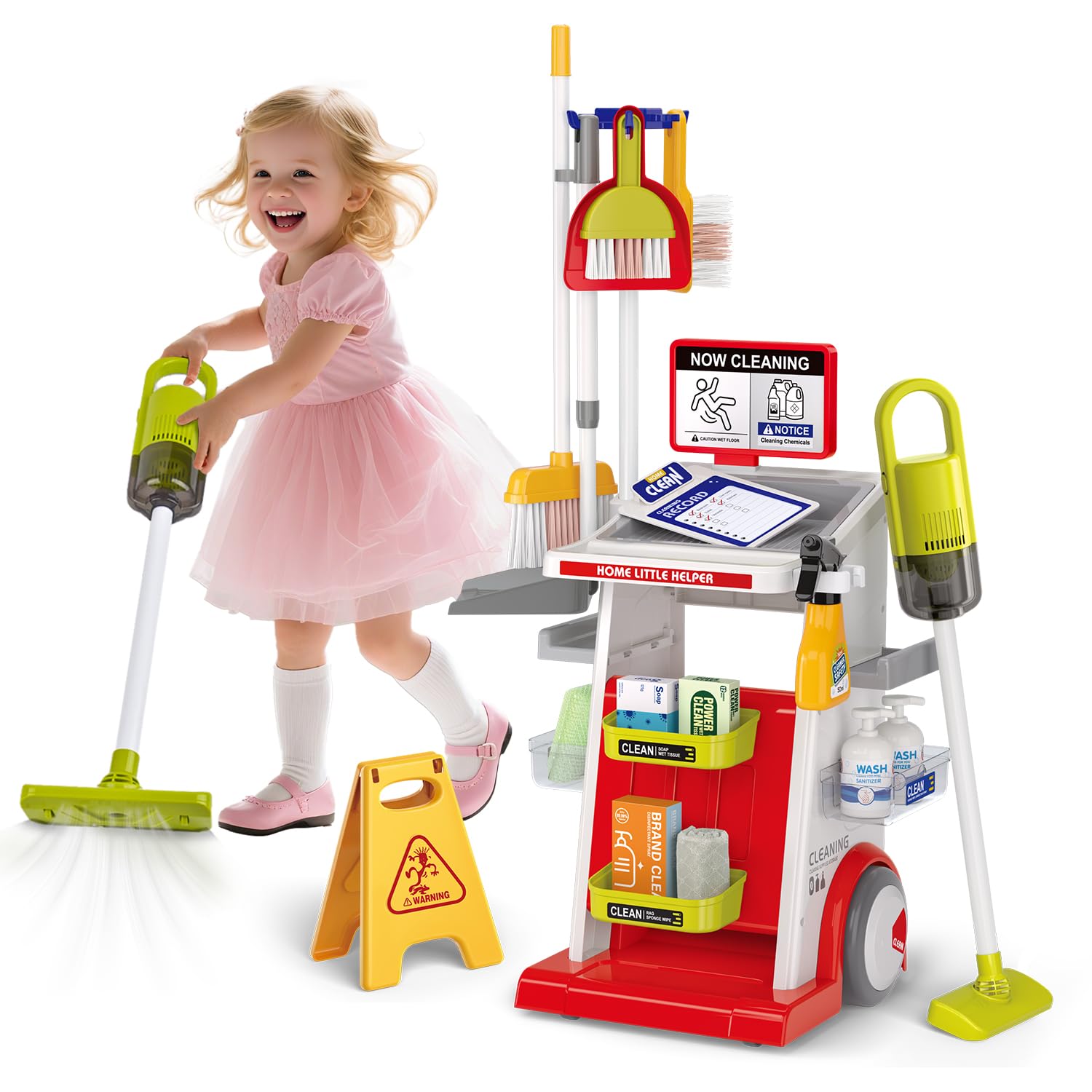 Kids Cleaning Toy Set, 22PCS Toddler Cleaning Set with Real Working Vacuum, Mop & Spray Bottle, Educational Role Play Househlod Carts Toys for Toddlers Ages 3-8, for Boys Girls (Red)
