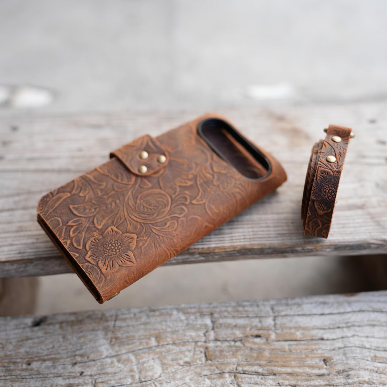 JJNUSA Handmade Genuine Leather Distressed Book Wallet for iPhone 17 air Wallet Case with Wristlet Brown